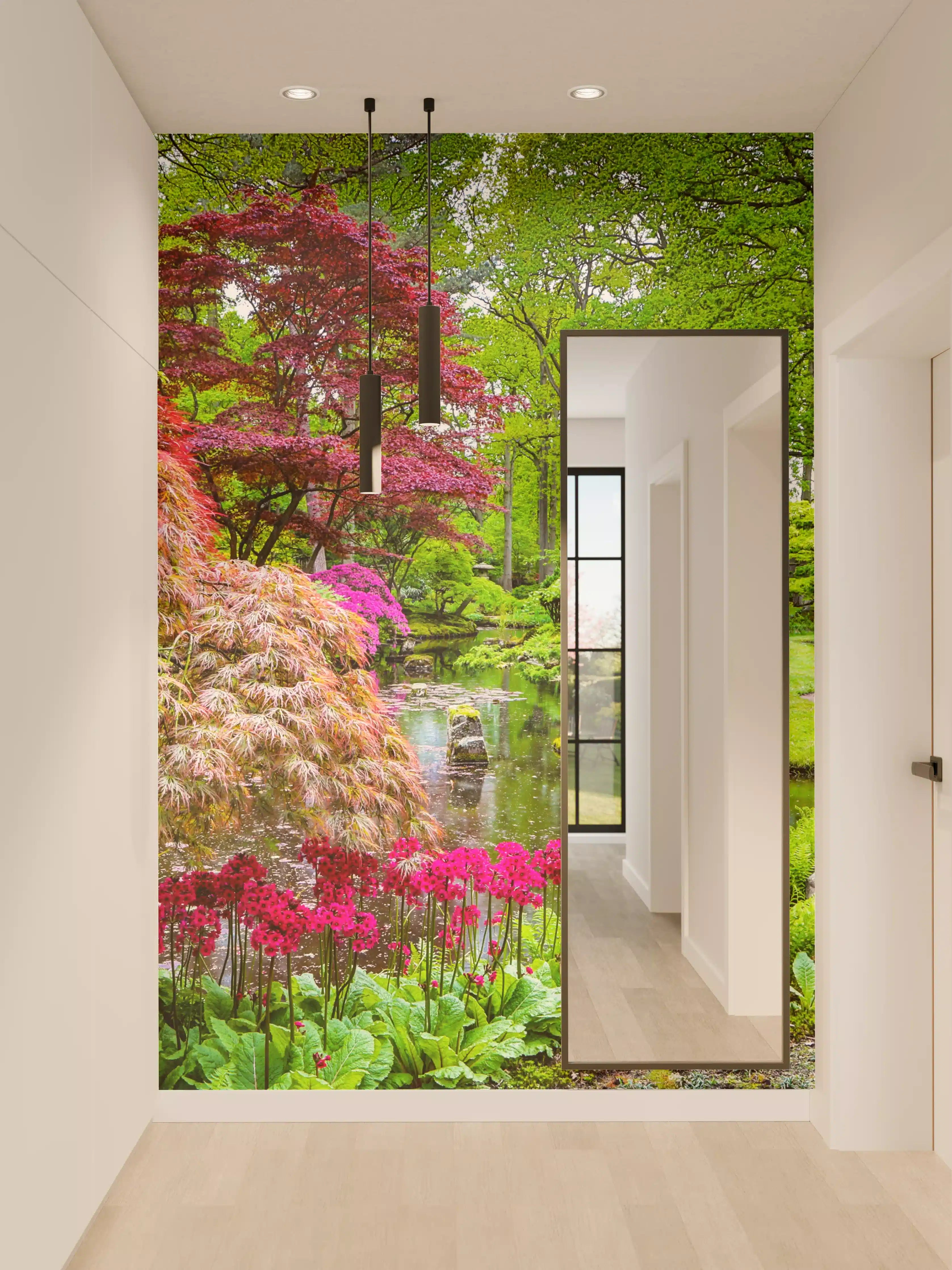 Wandverkleidung Flur - Faszinierender Garten im Frühling mit bunten Blüten und ruhigem Wasser