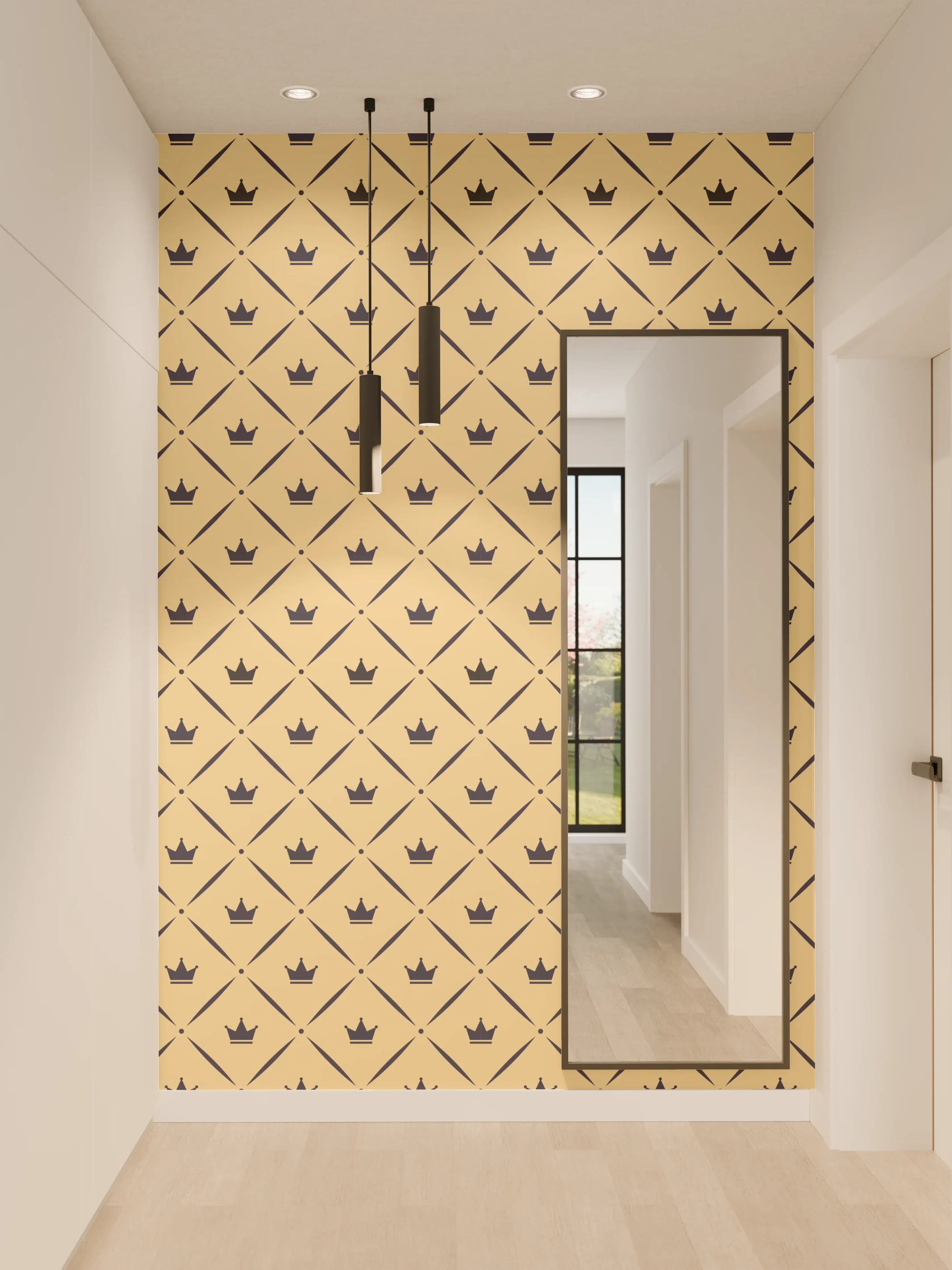 Wandverkleidung Flur - Feines geometrisches Muster in Gold und Grautönen
