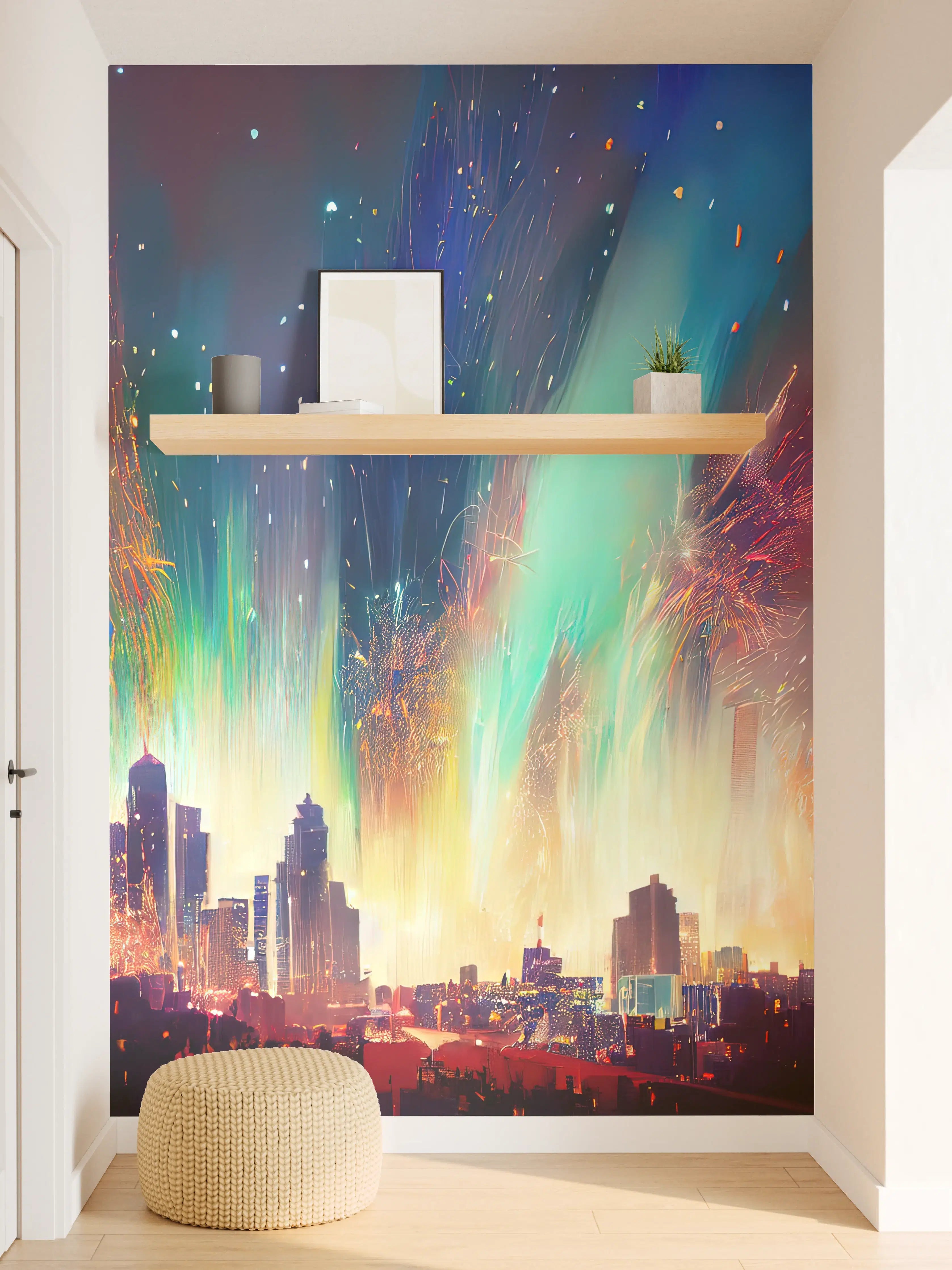Wandverkleidung Flur - Feuerwerk über Stadt bei Nacht - Illustration