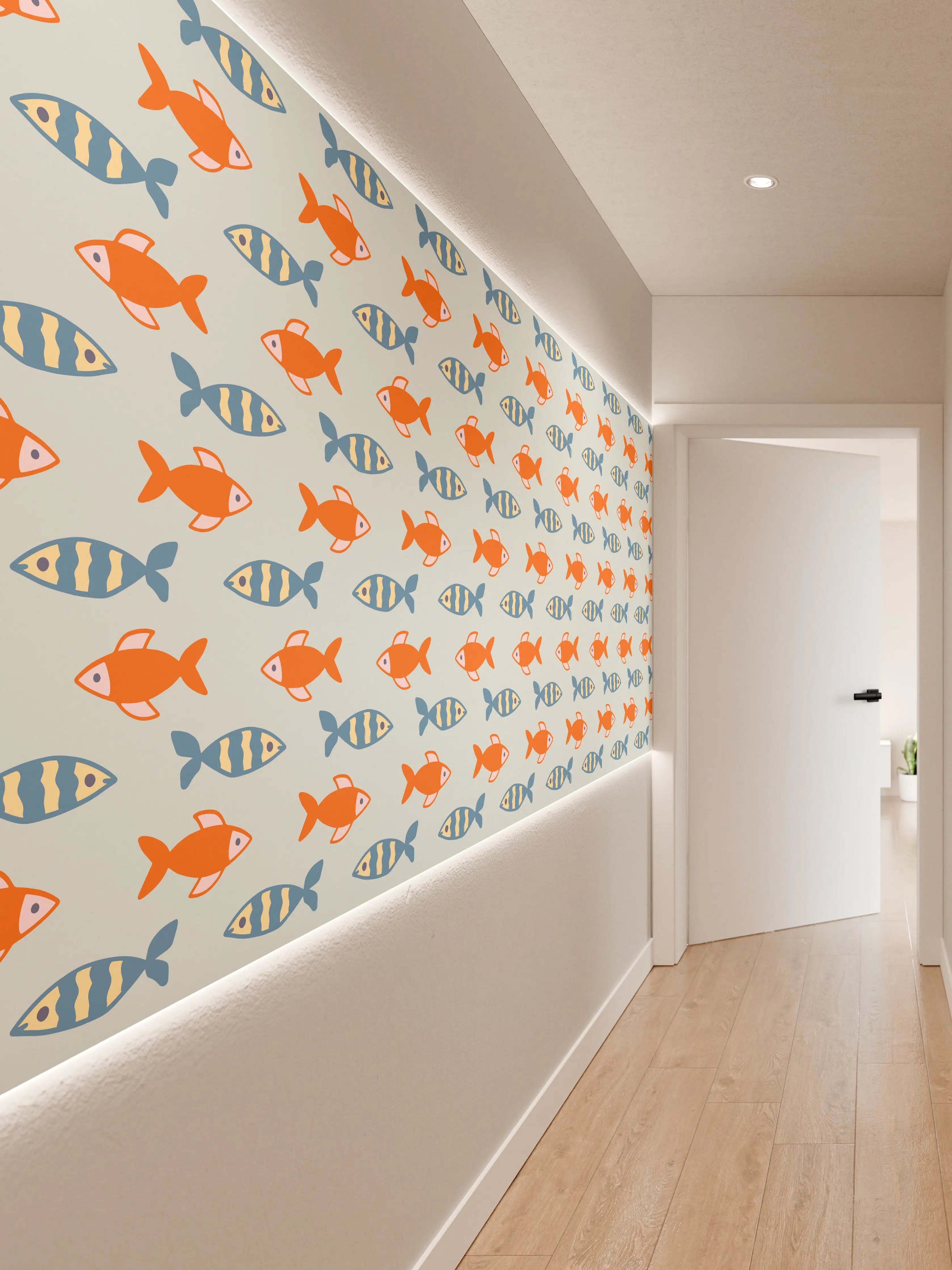 Wandverkleidung Flur - Fischmuster Orange-Blau