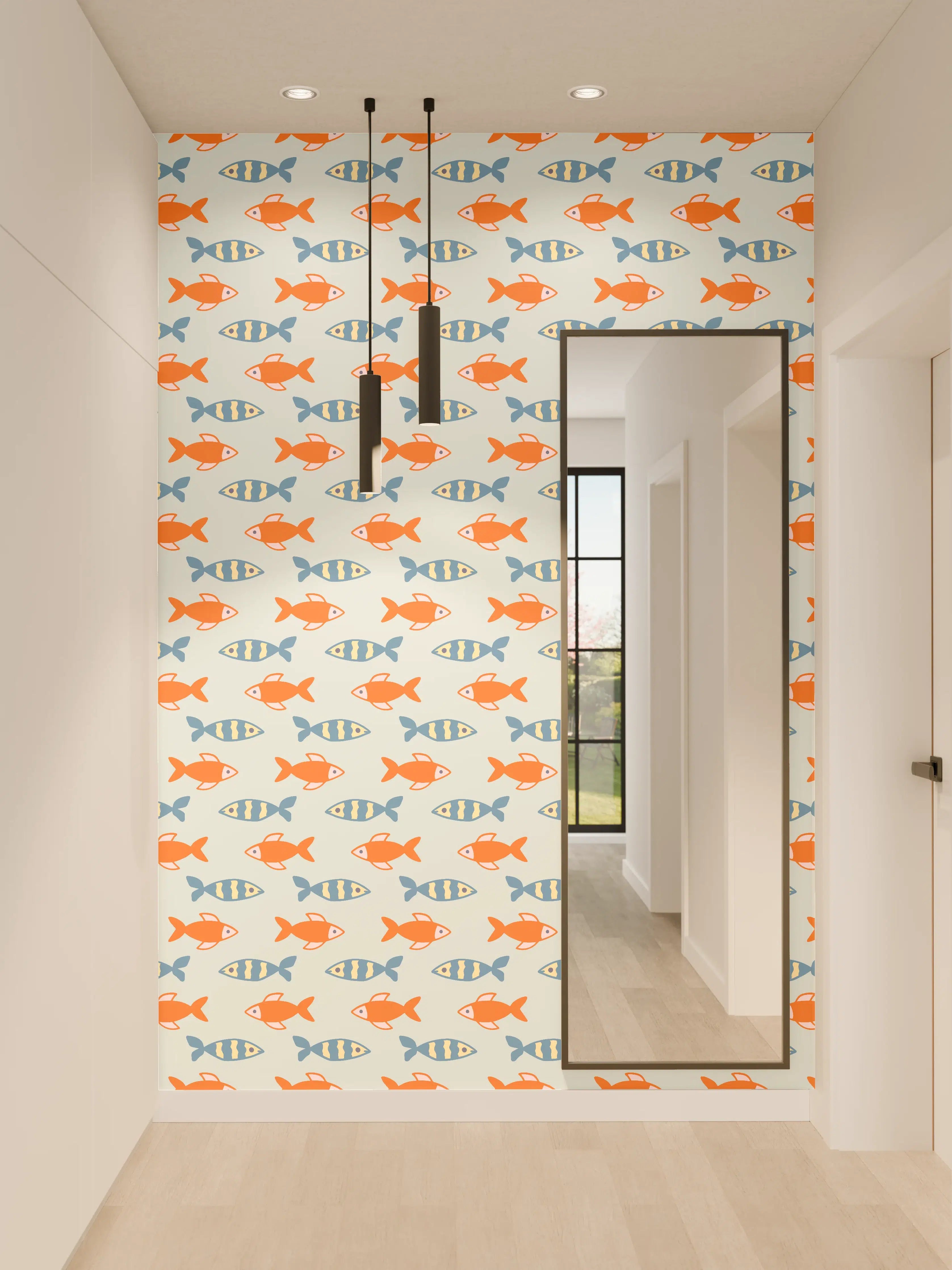 Wandverkleidung Flur - Fischmuster Orange-Blau