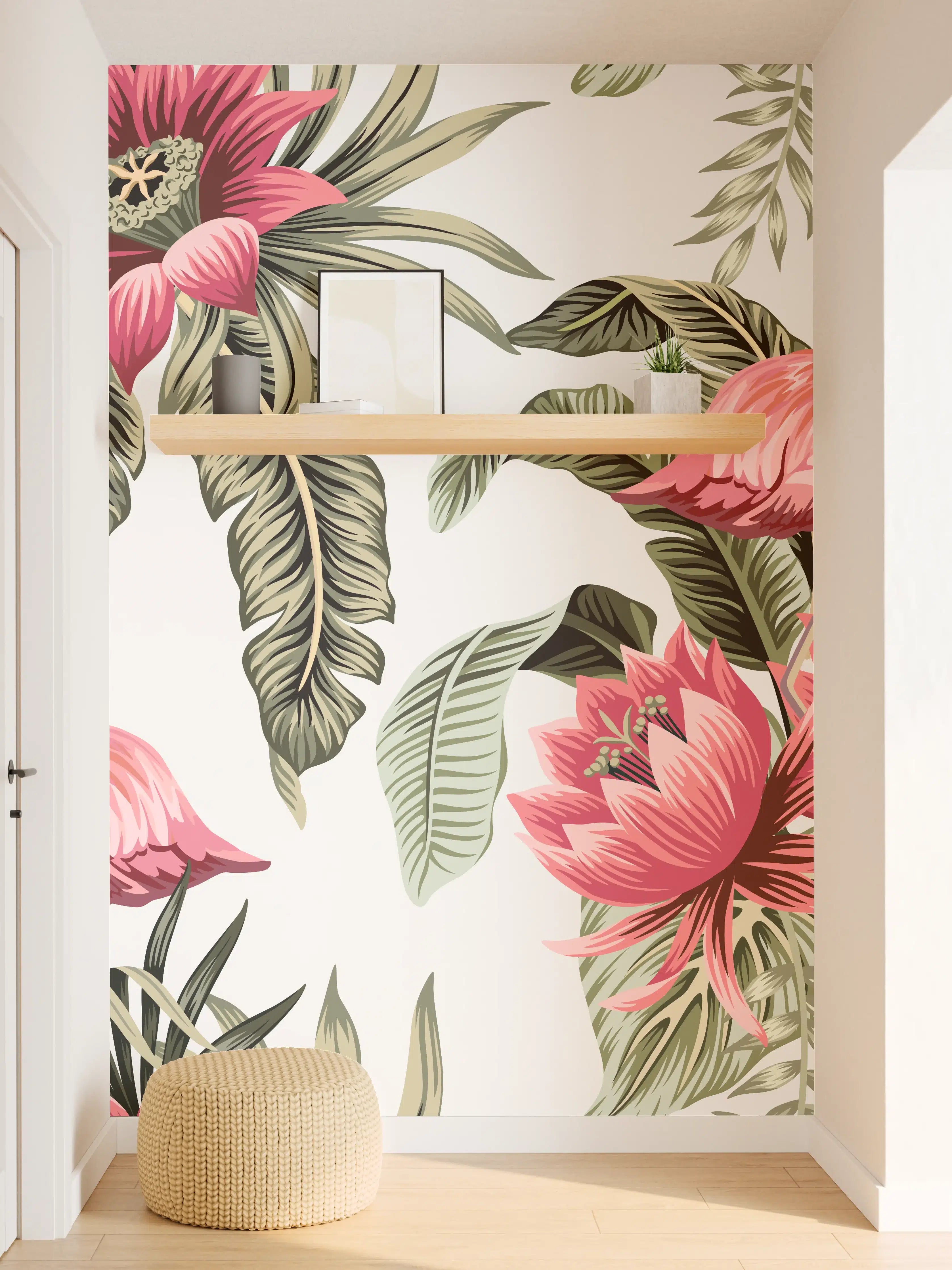 Wandverkleidung Flur - Flamingo & Tropenblumen Muster
