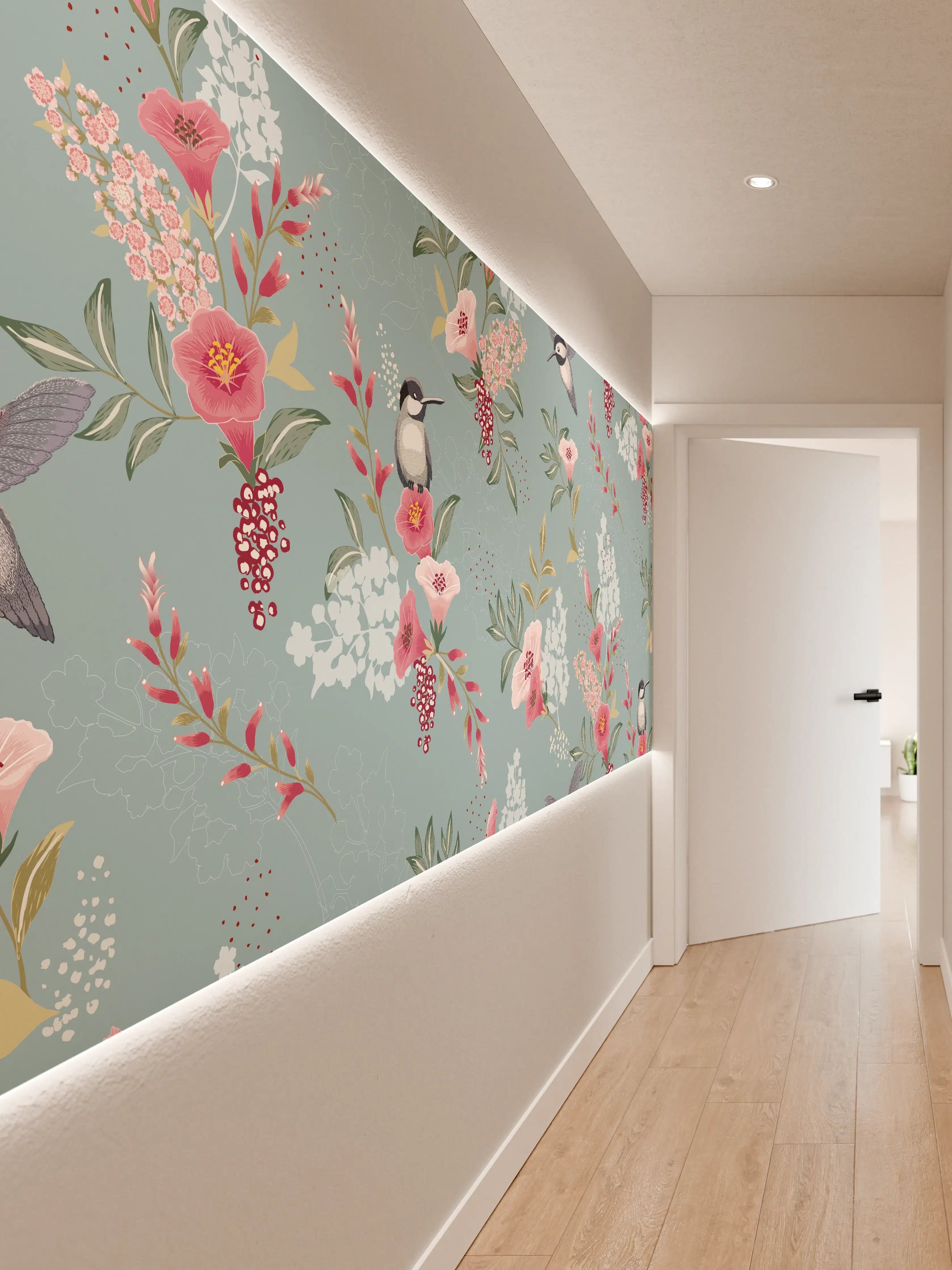 Wandverkleidung Flur - Floral-Bird-Muster Blaugrau