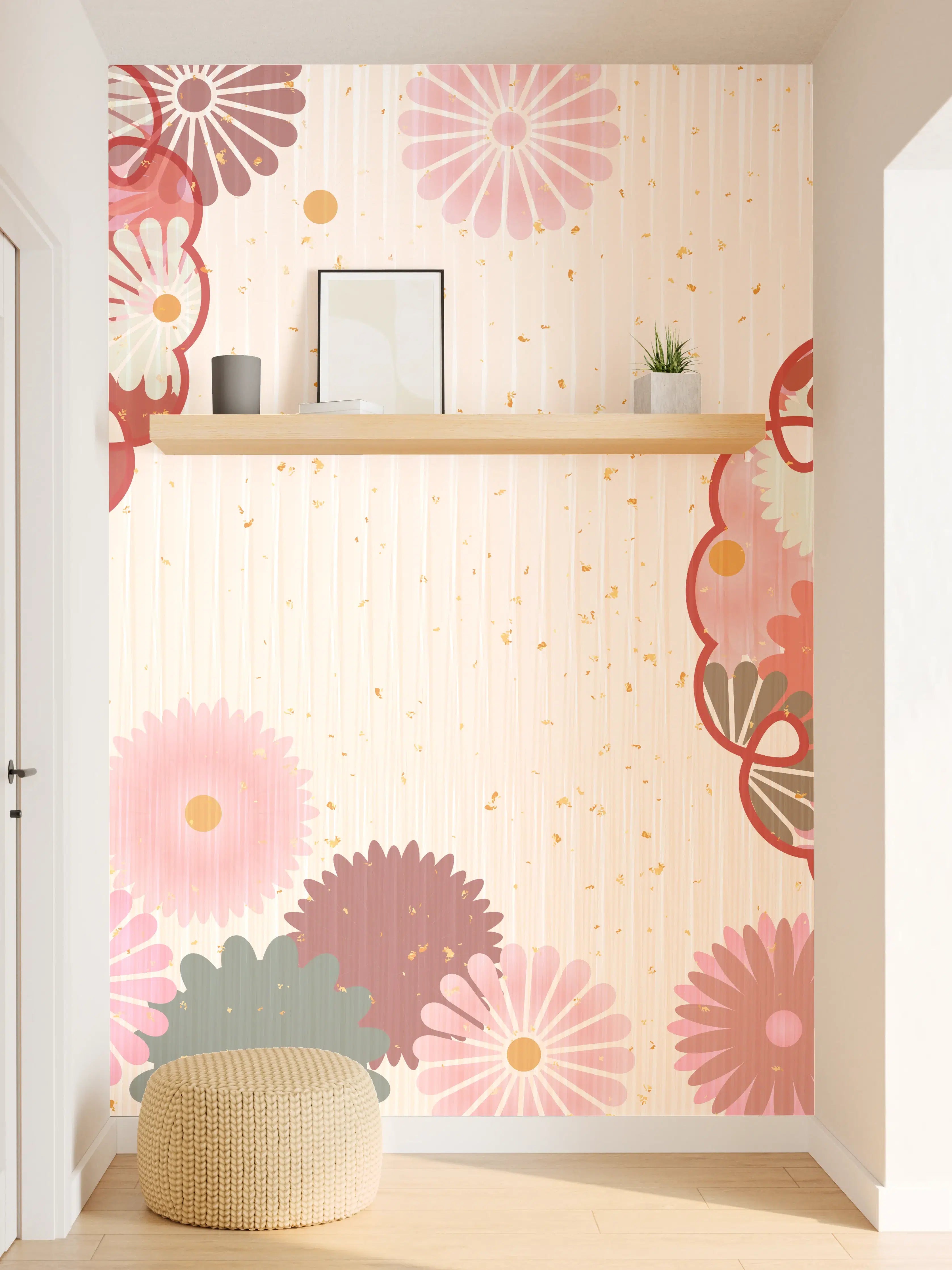Wandverkleidung Flur - Floral Blumenmuster Beige Rot