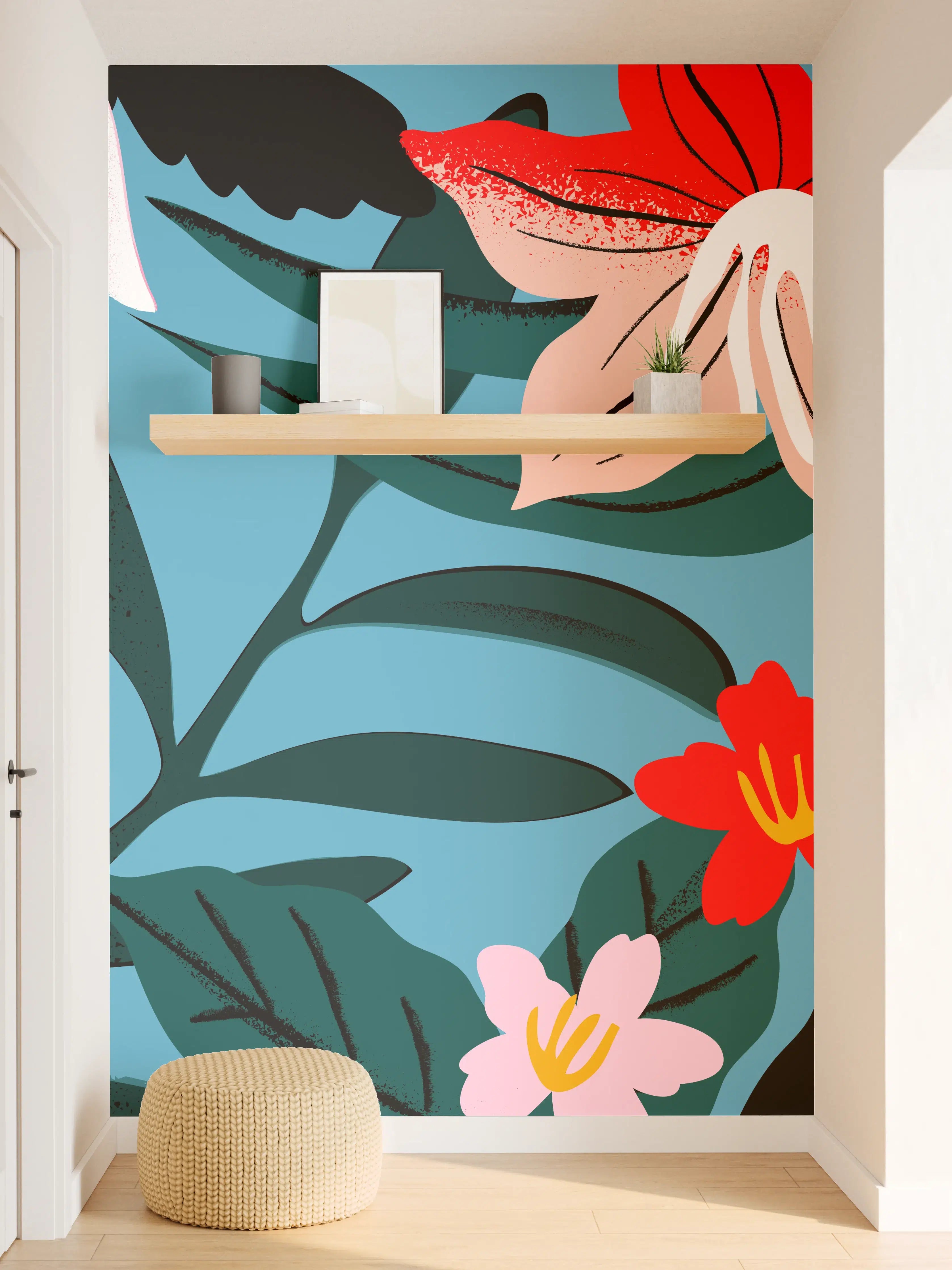 Wandverkleidung Flur - Florales Blau-Rot Muster