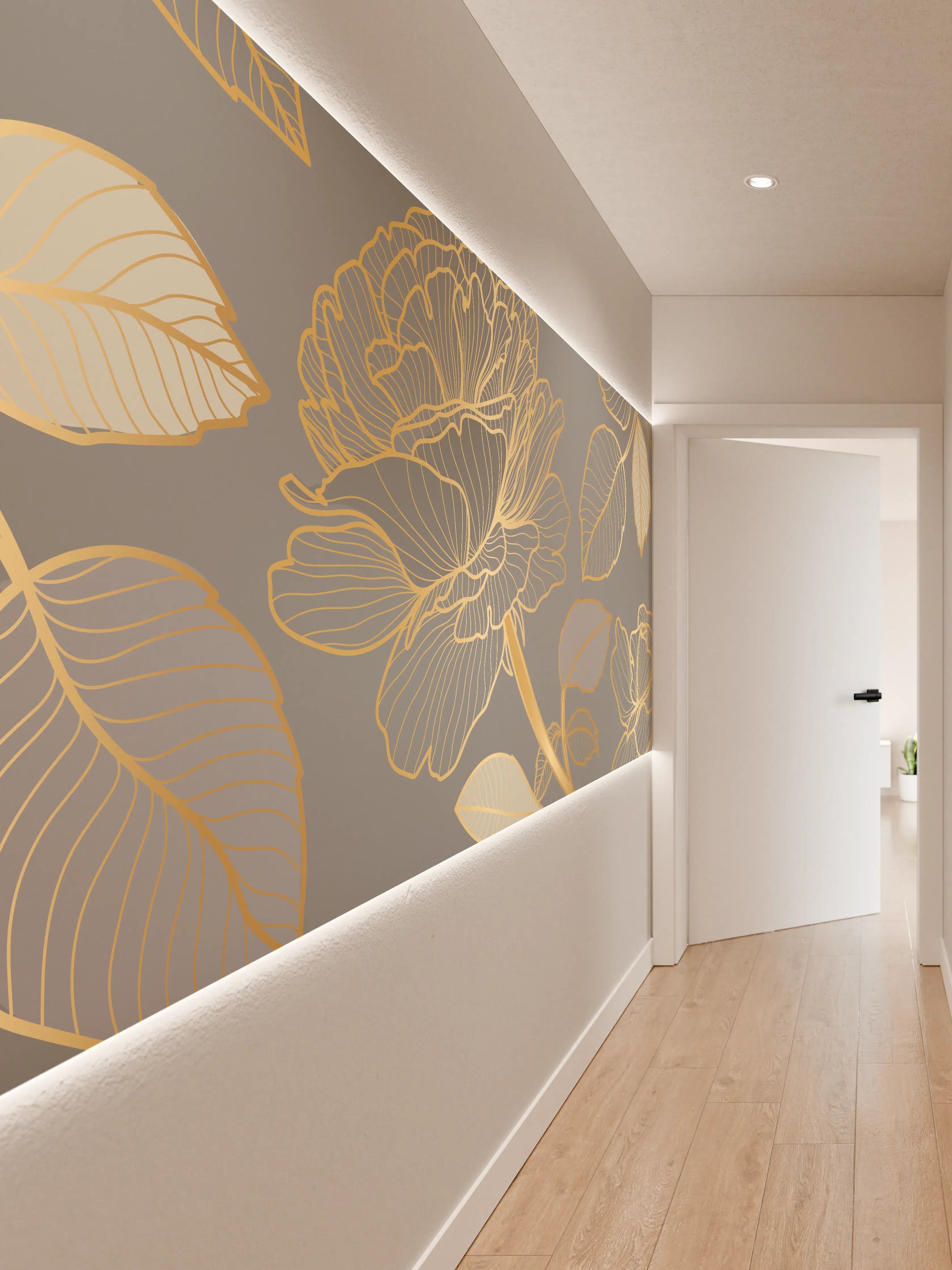 Wandverkleidung Flur - Florales Gold-Muster Design