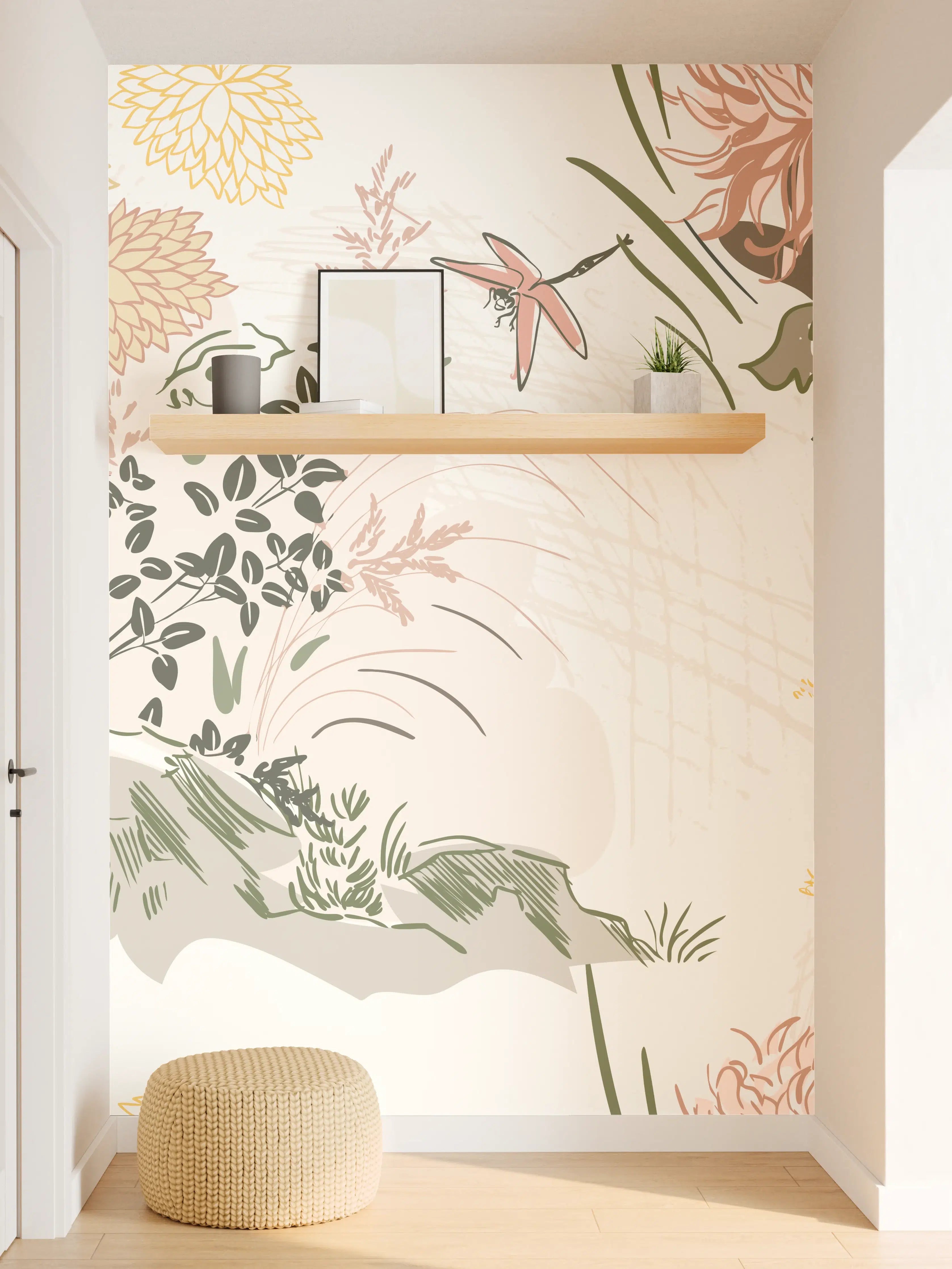 Wandverkleidung Flur - Florales Muster Beige-Grün-Rosa