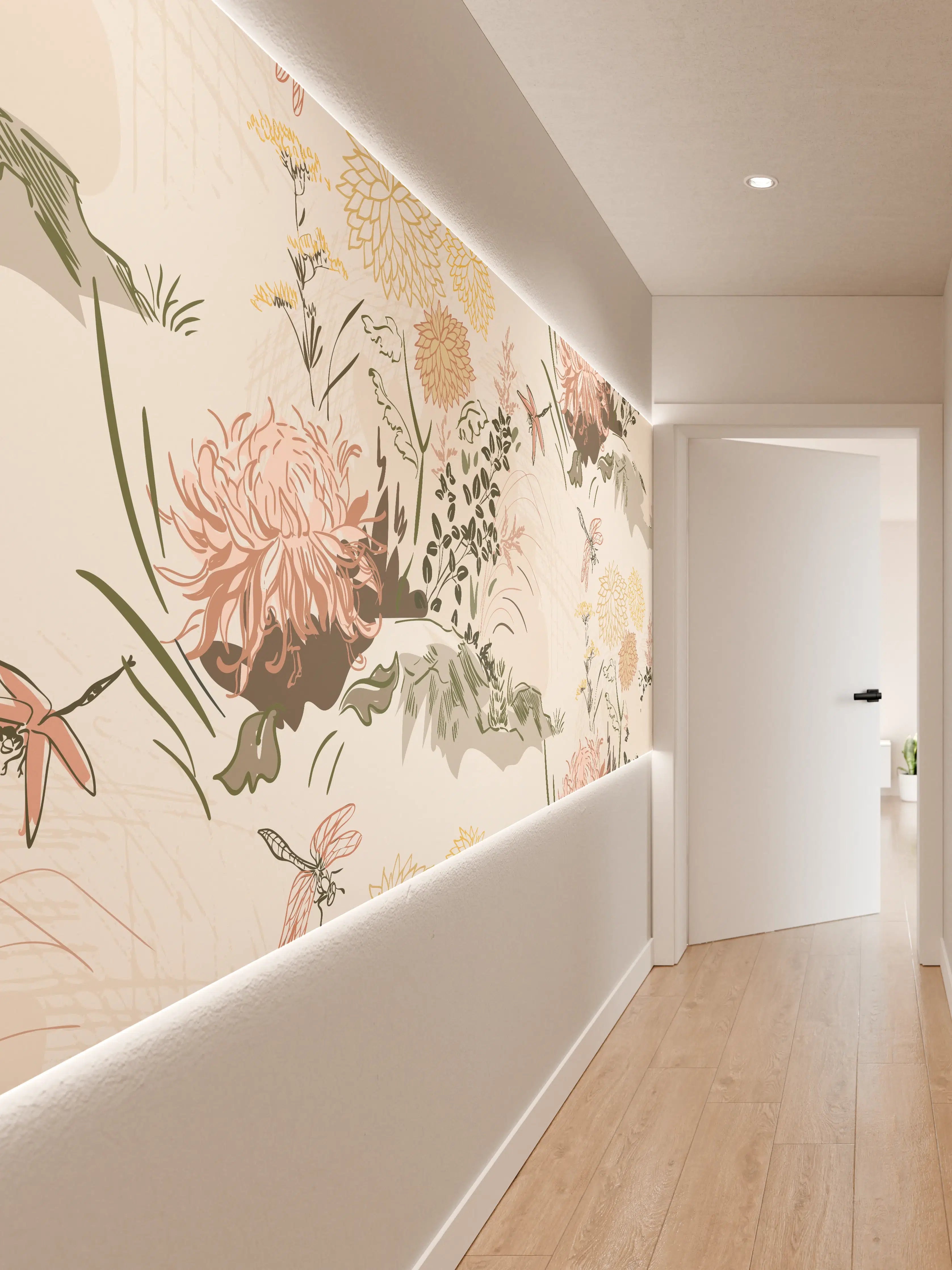 Wandverkleidung Flur - Florales Muster Beige-Grün-Rosa