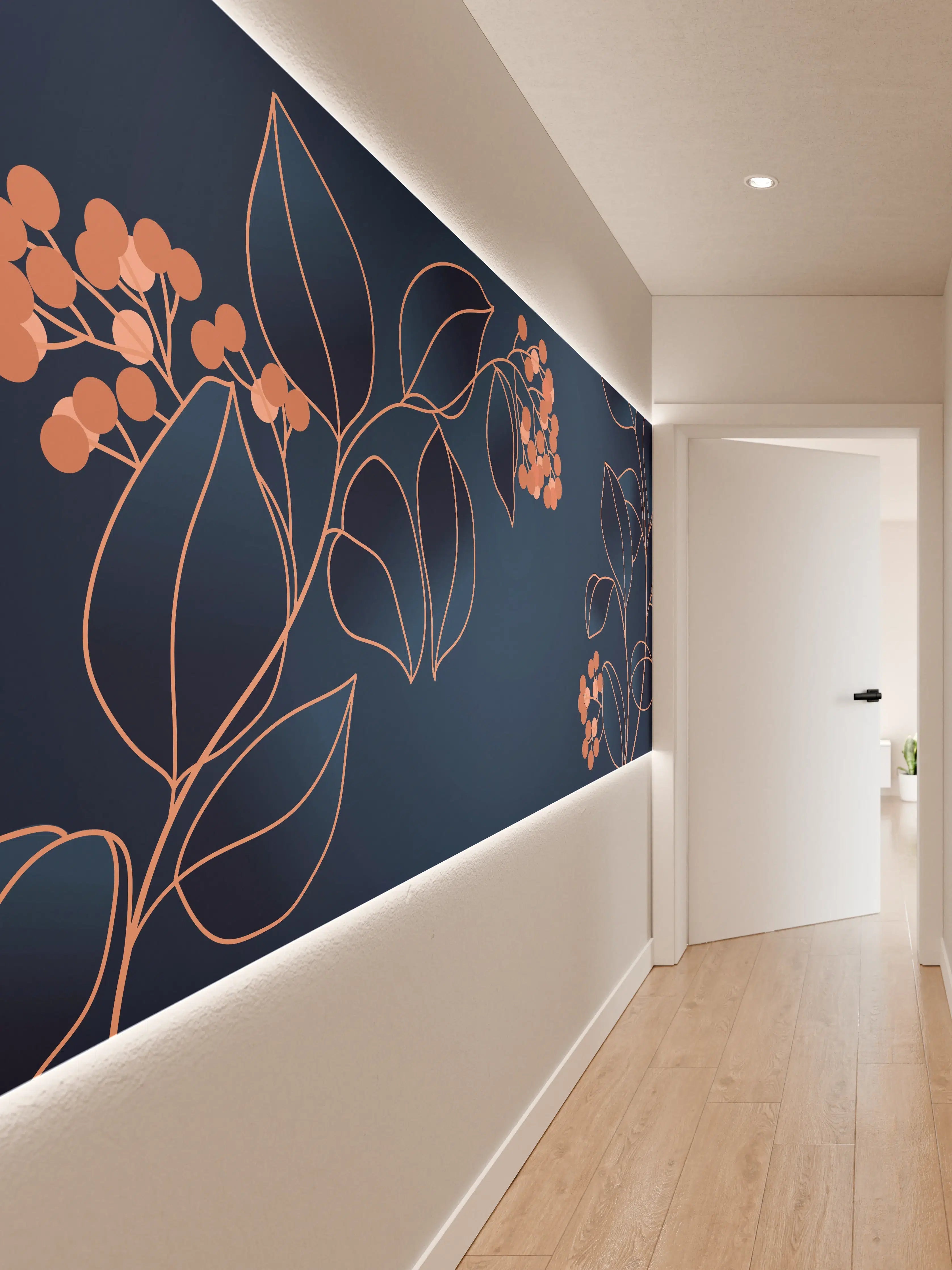 Wandverkleidung Flur - Florales Muster Navy-Orange