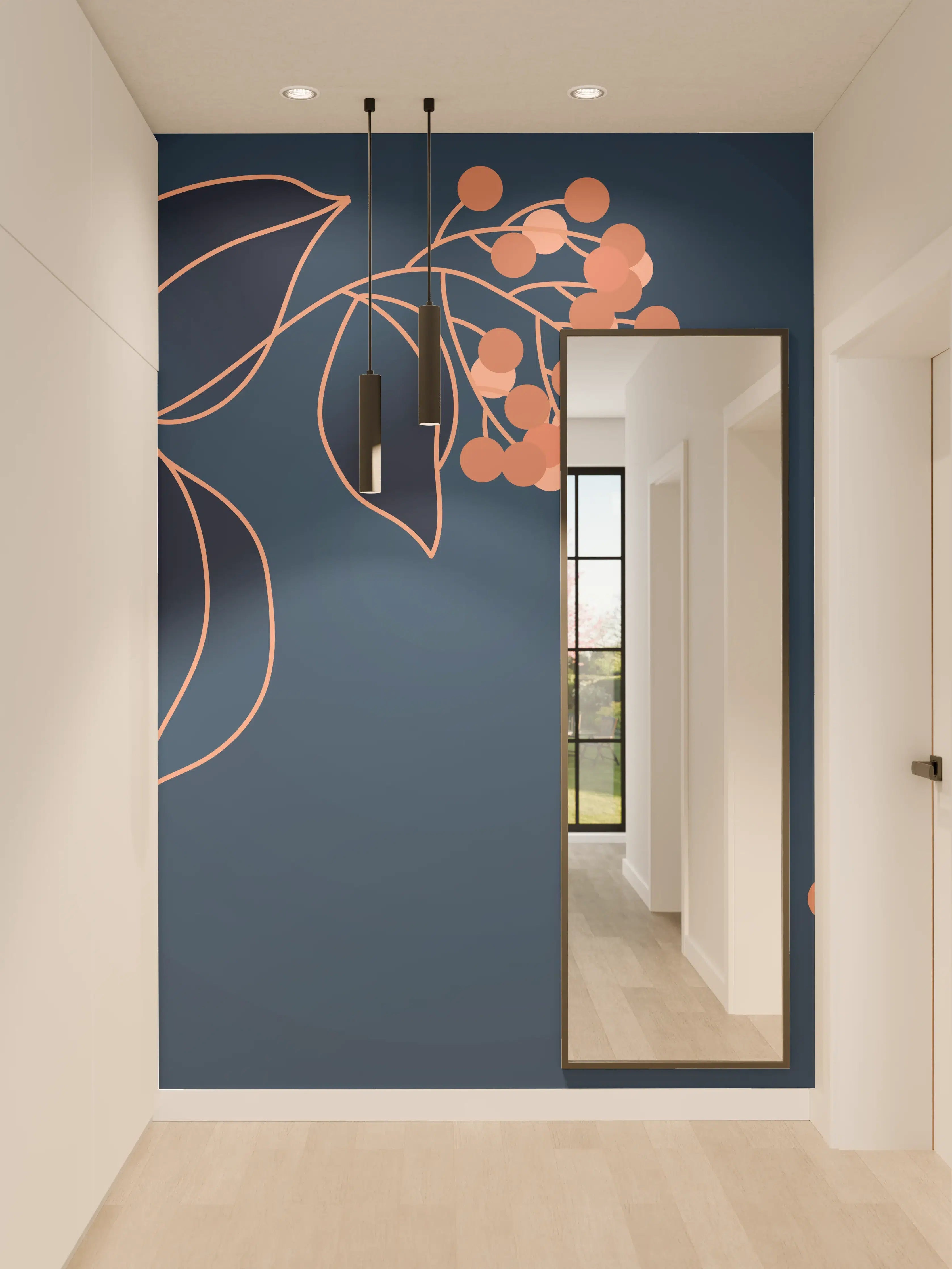 Wandverkleidung Flur - Florales Muster Navy-Orange