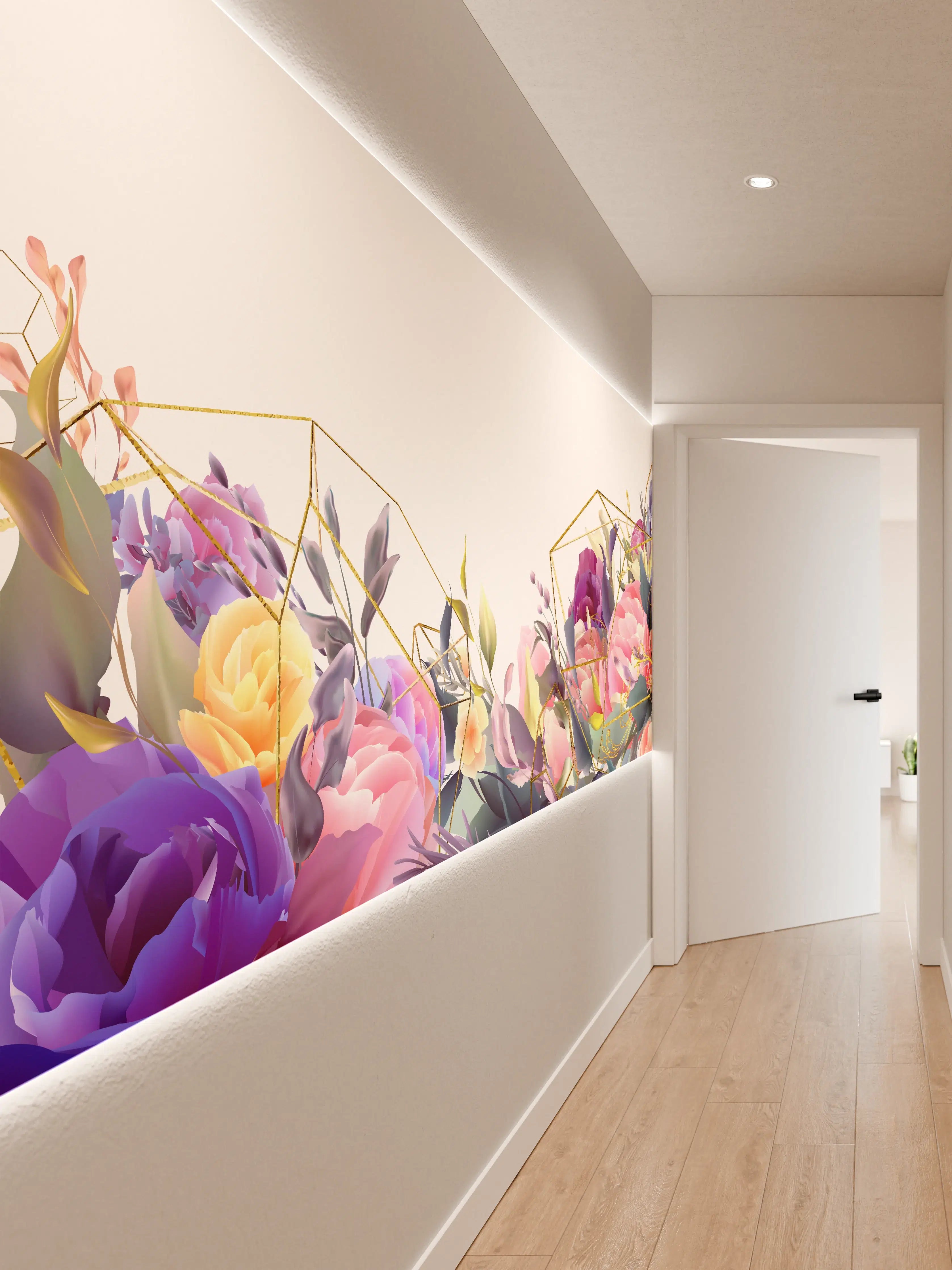 Wandverkleidung Flur - Florales Muster mit Goldakzenten