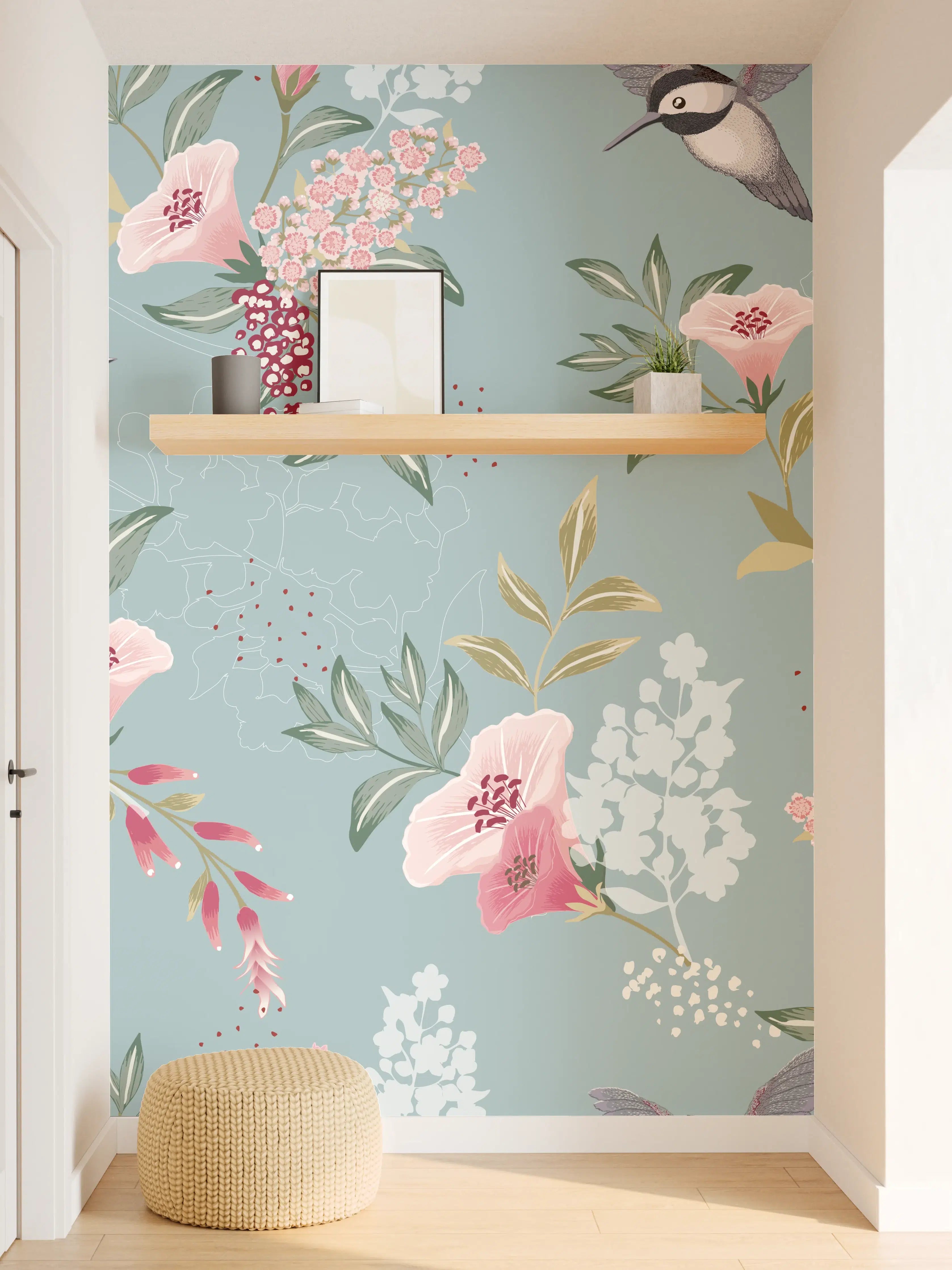 Wandverkleidung Flur - Florales Muster mit Vögeln Pastell