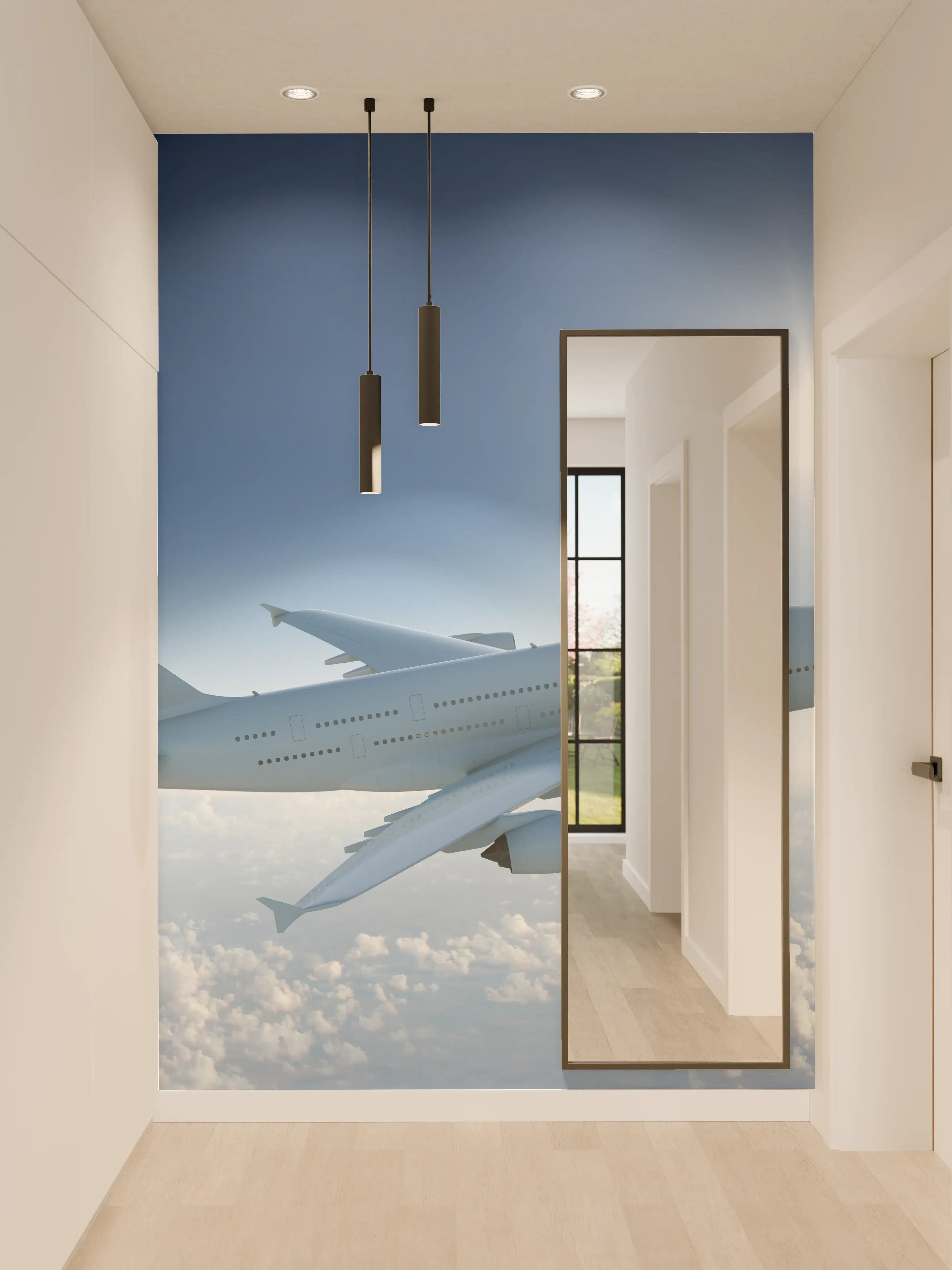Wandverkleidung Flur - Flugzeug über weißen Wolken