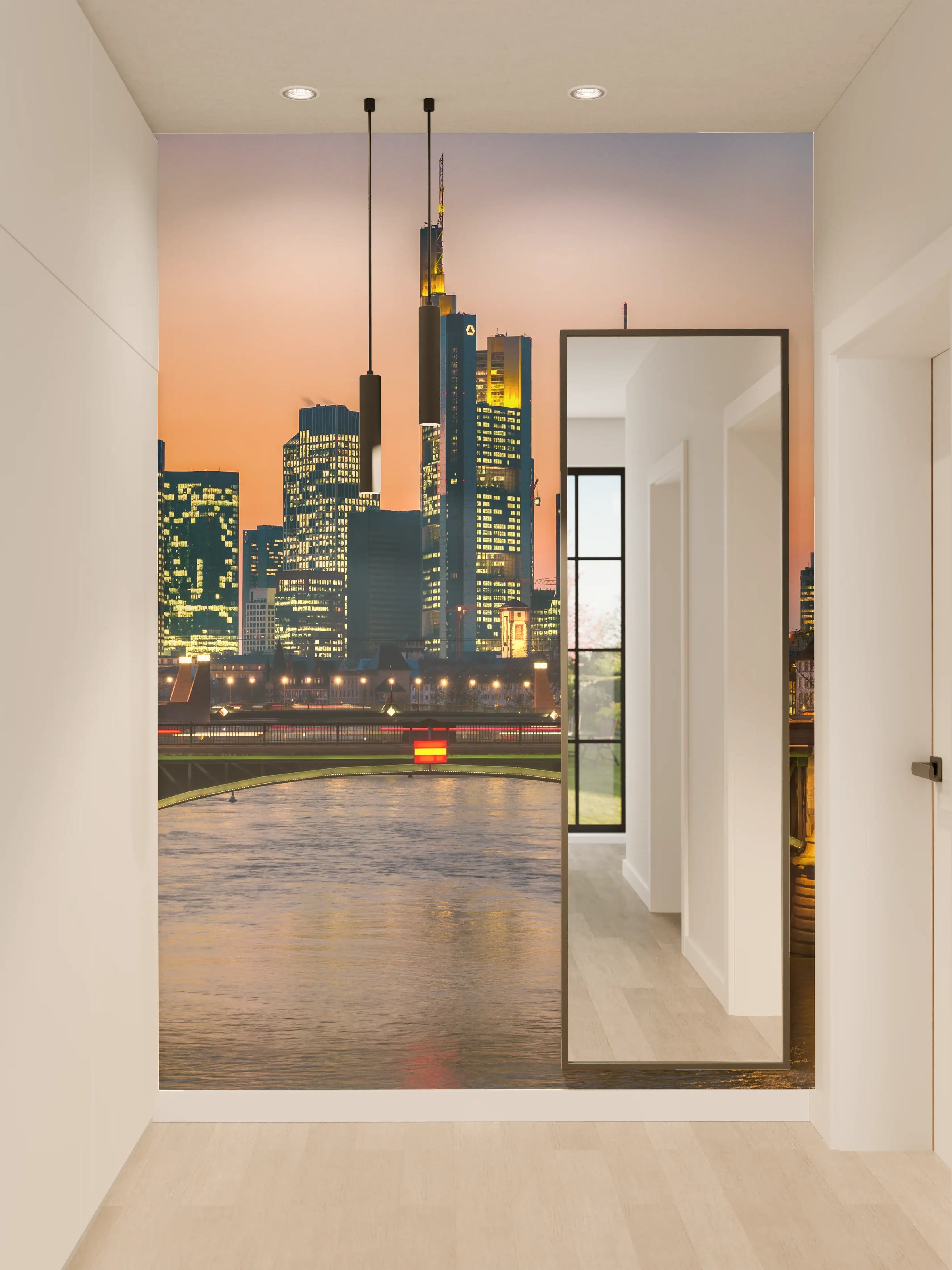 Wandverkleidung Flur - Frankfurt Skyline Sonnenuntergang