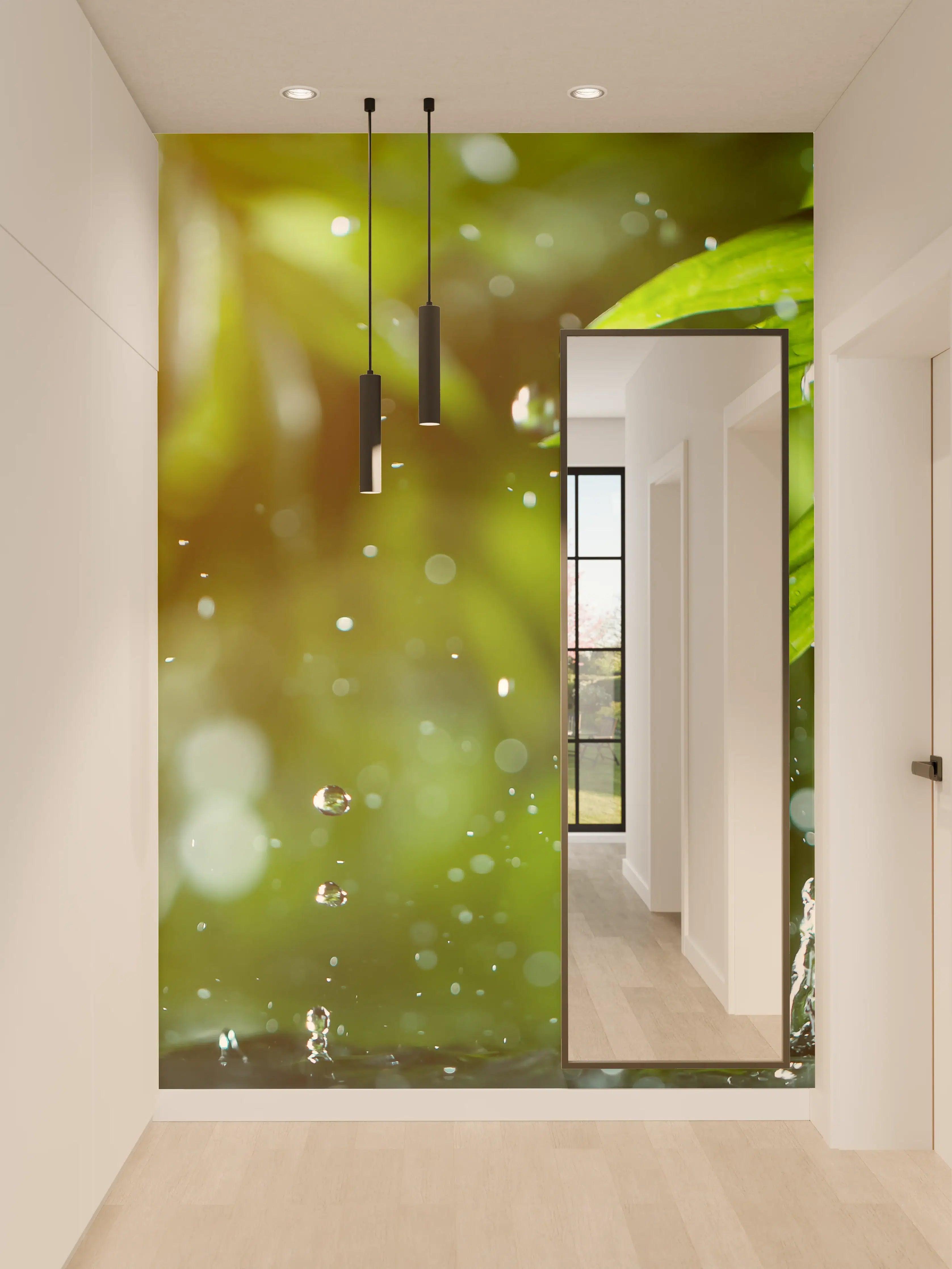 Wandverkleidung Flur - Frischer Regen auf tropischem Blatt