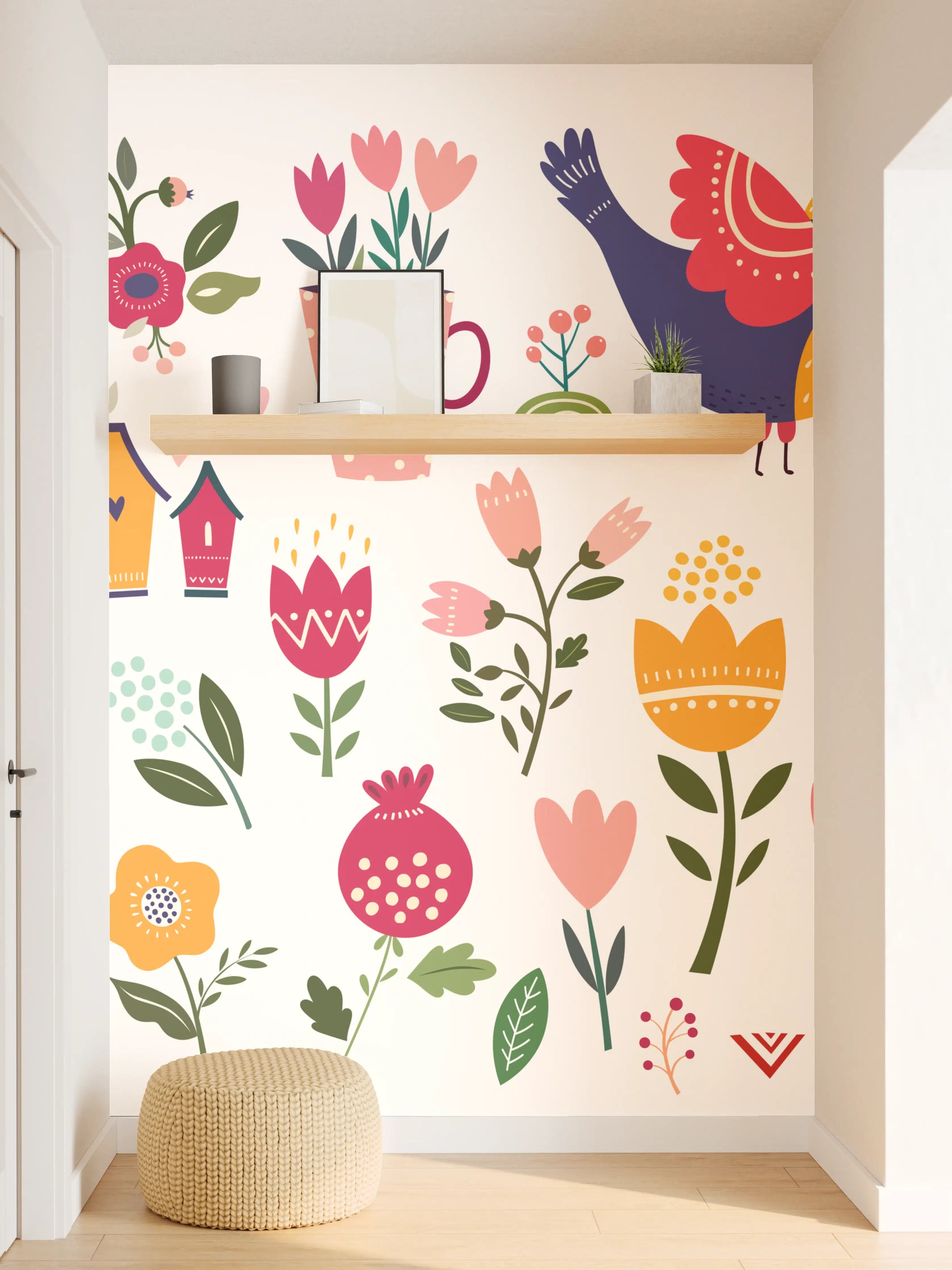 Wandverkleidung Flur - Fröhliche Frühlingsmotive mit bunten Blumen und Tieren