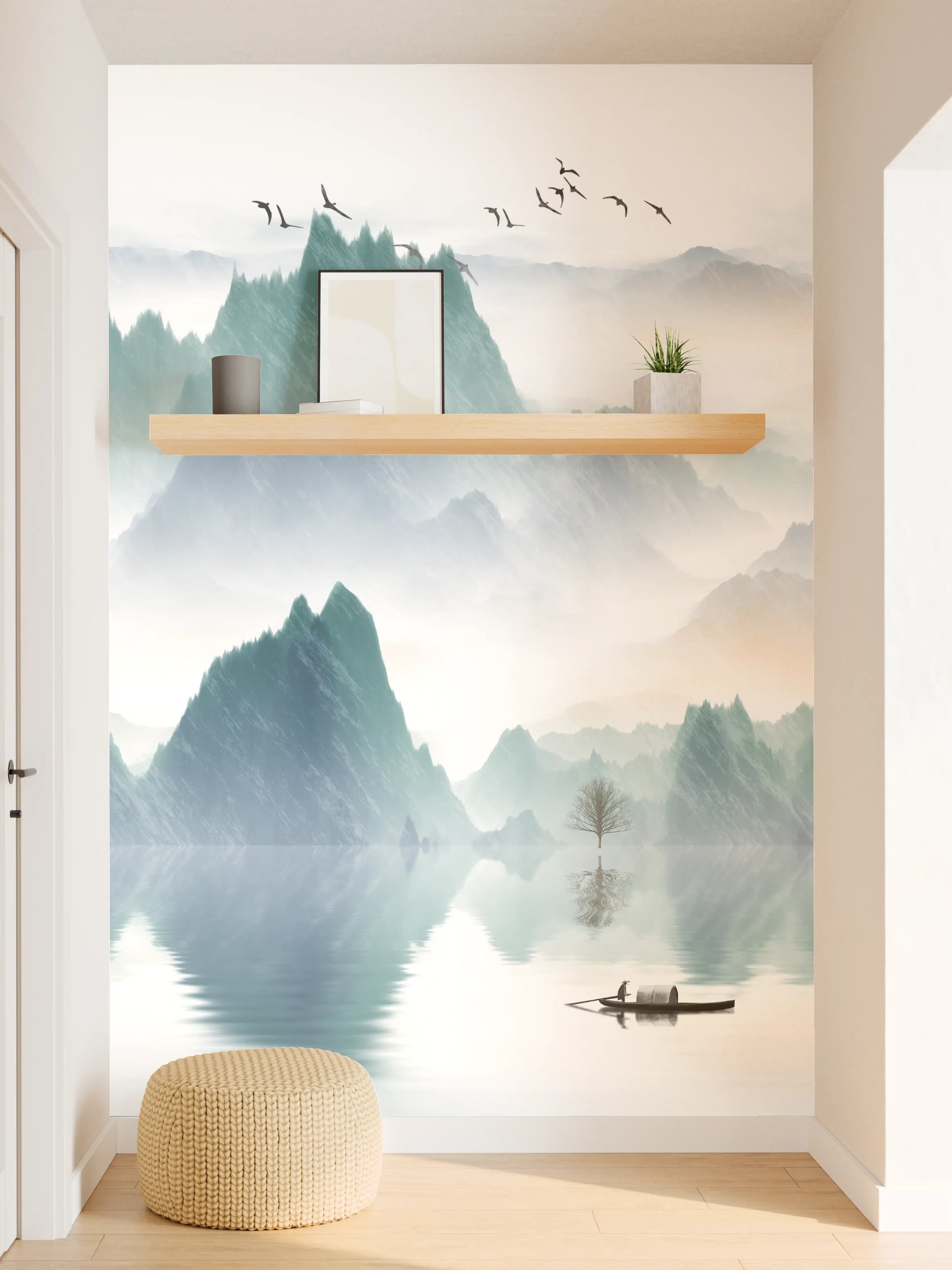 Wandverkleidung Flur - Geheimnisvolle Nebelberge in Grauweiß