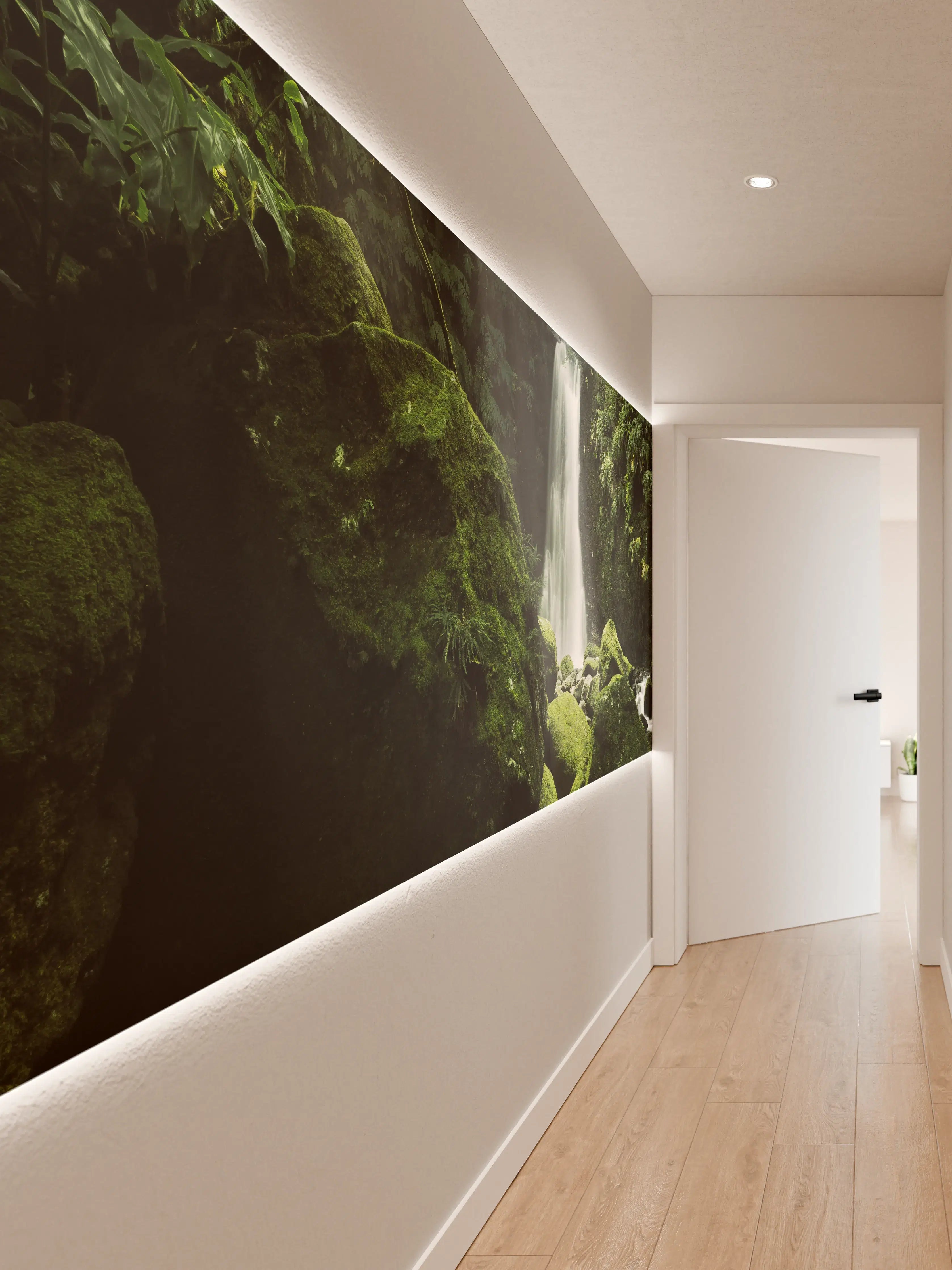 Wandverkleidung Flur - Geheimnisvoller Wasserfall im grünen Wald