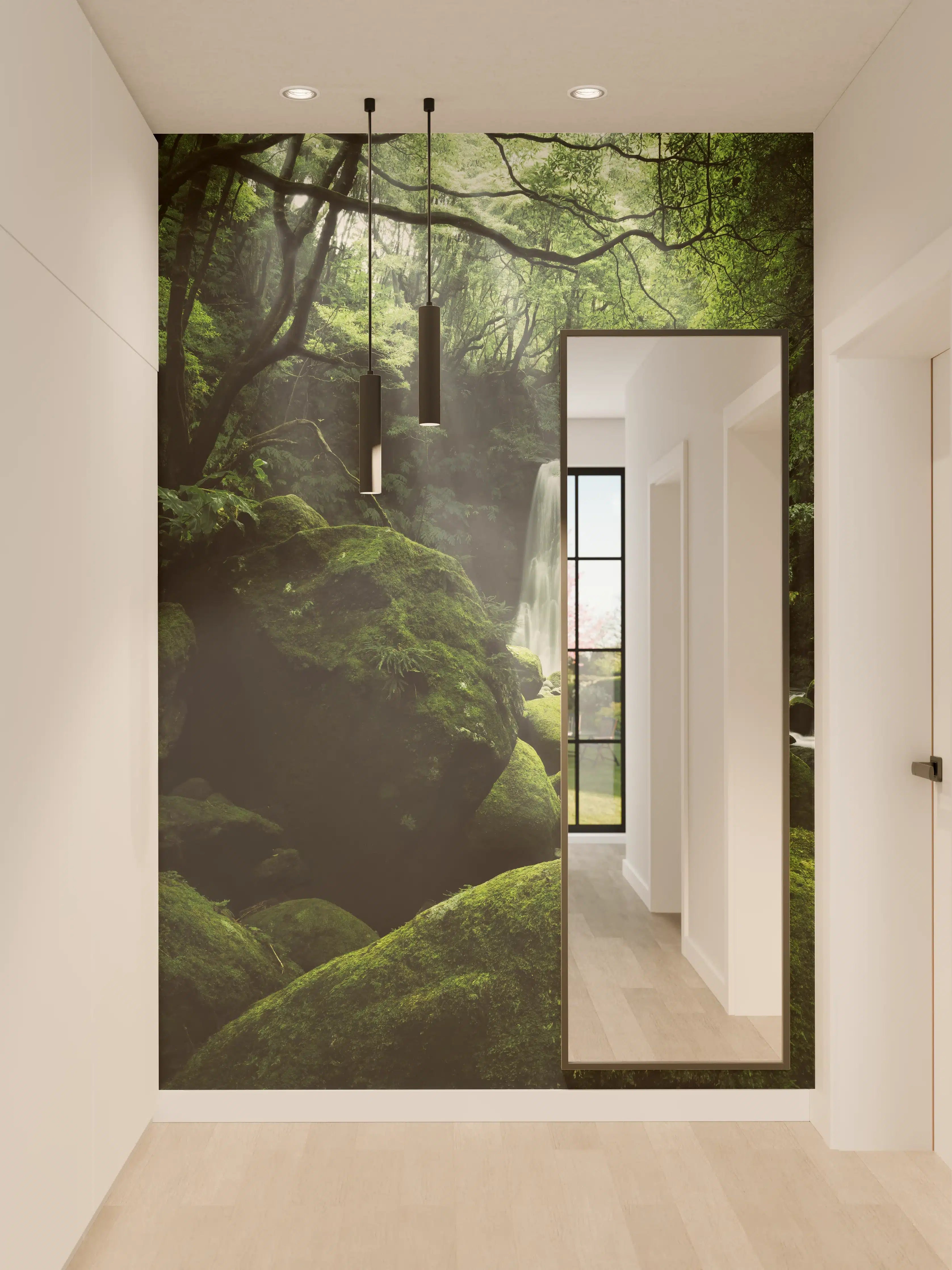 Wandverkleidung Flur - Geheimnisvoller Wasserfall im grünen Wald