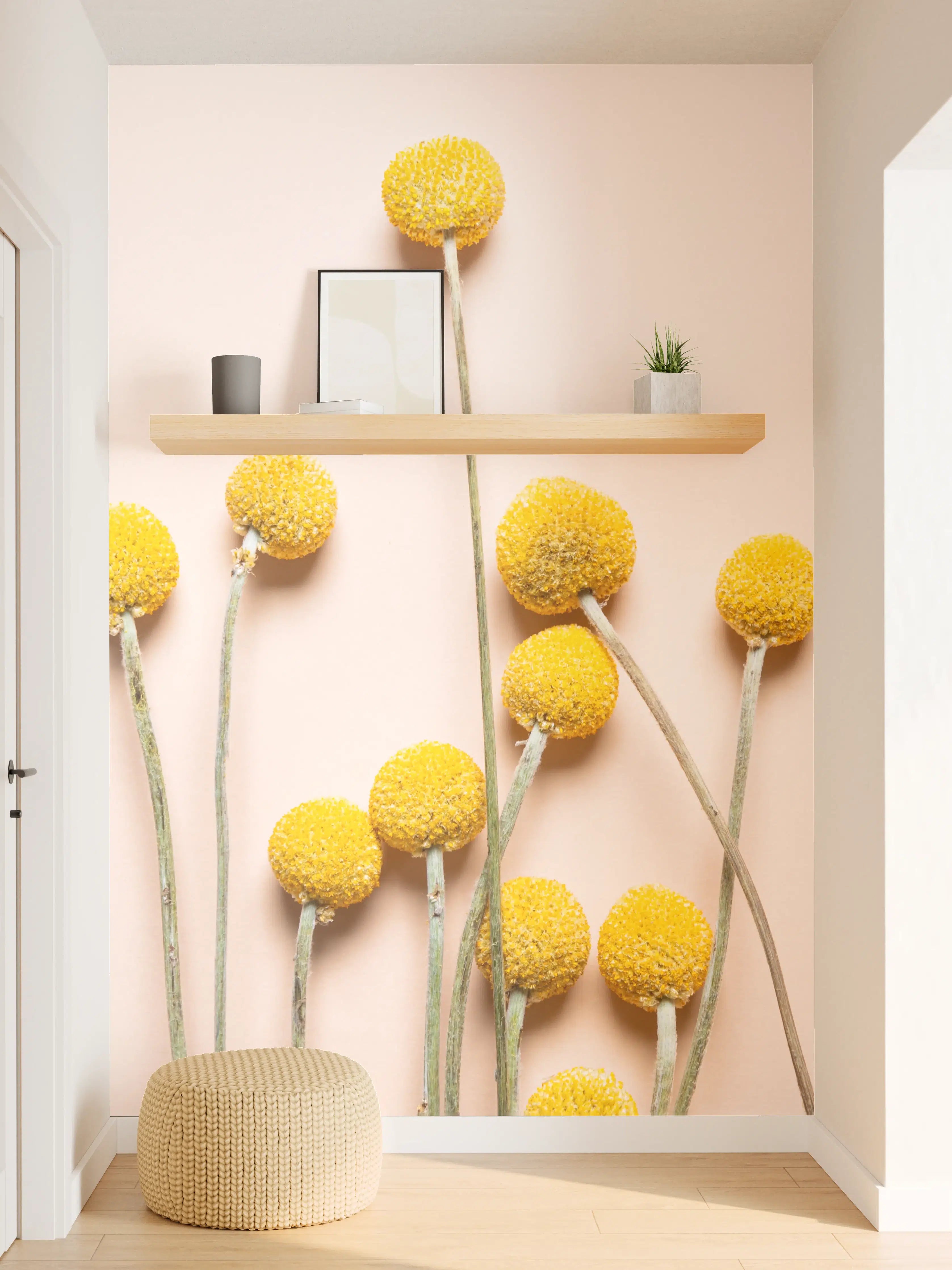Wandverkleidung Flur - Gelbe Pompon-Blumen auf neutralem Hintergrund