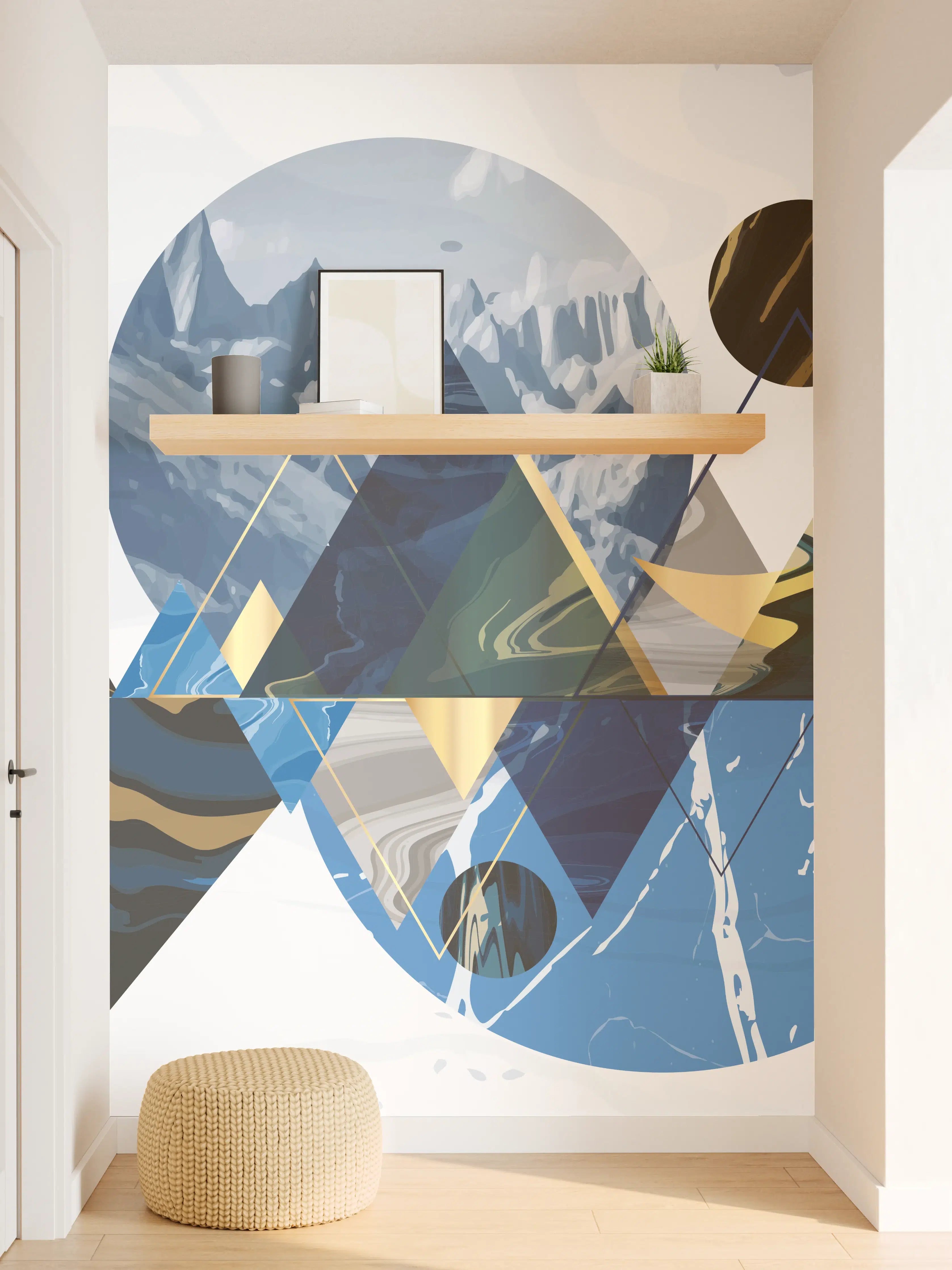 Wandverkleidung Flur - Geometrische Berglandschaft in Blau