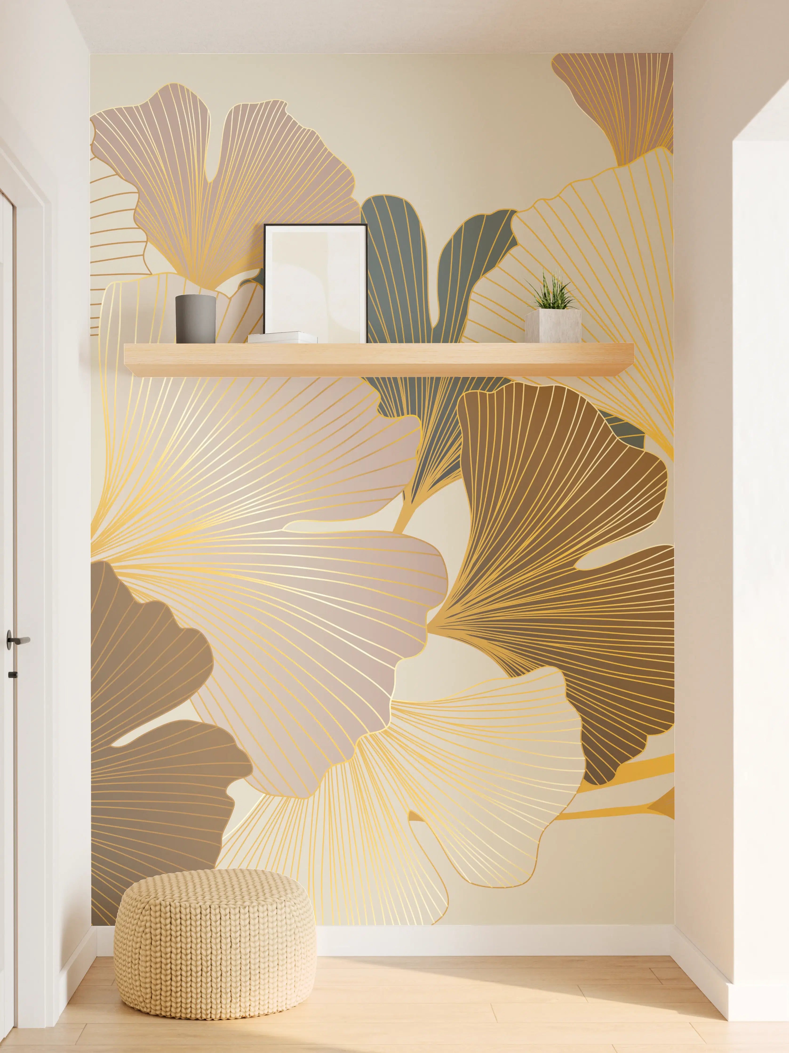 Wandverkleidung Flur - Ginkgo Blätter Design Beige