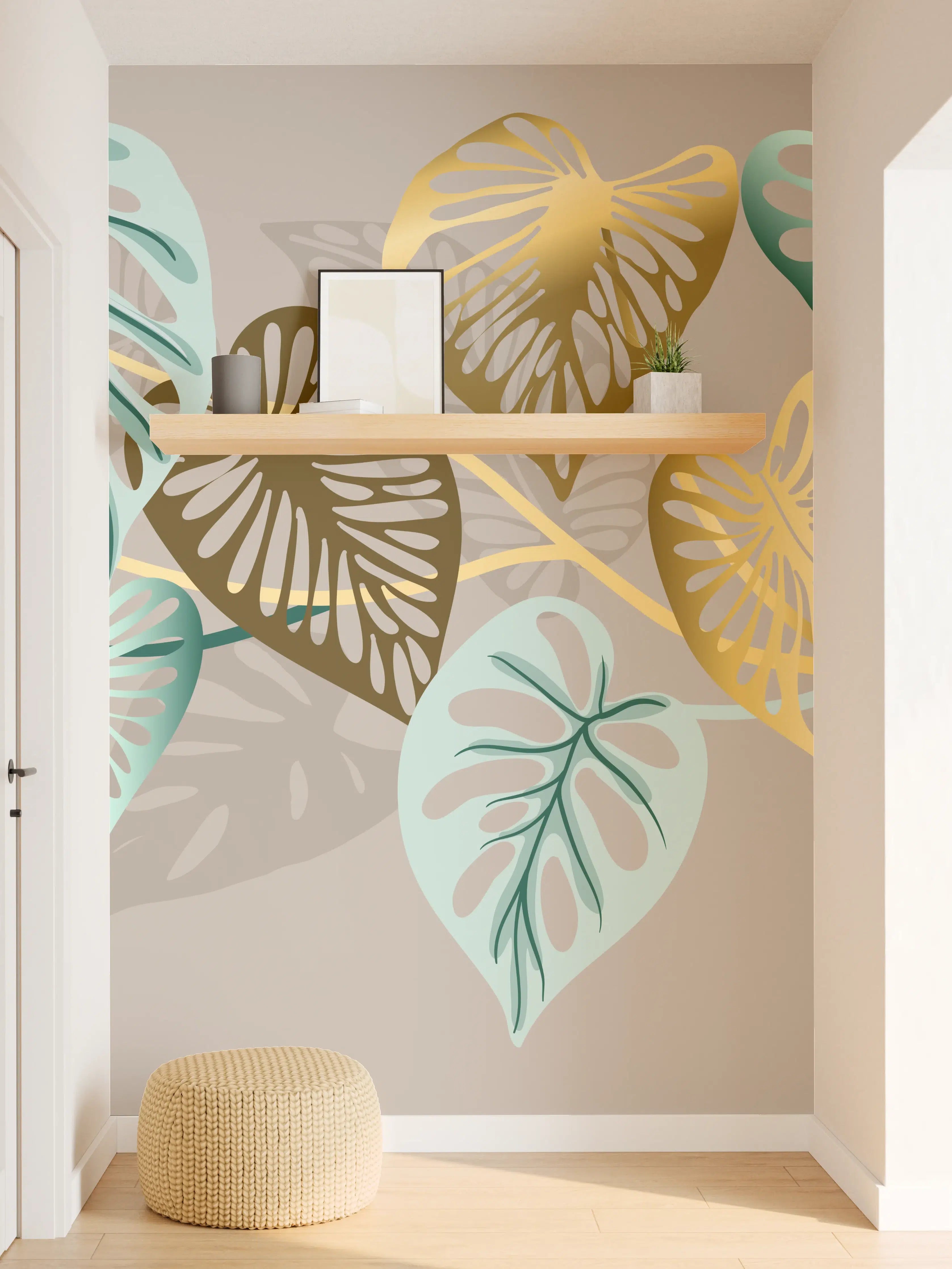 Wandverkleidung Flur - Gold-Beige Blätter-Muster-Dekor