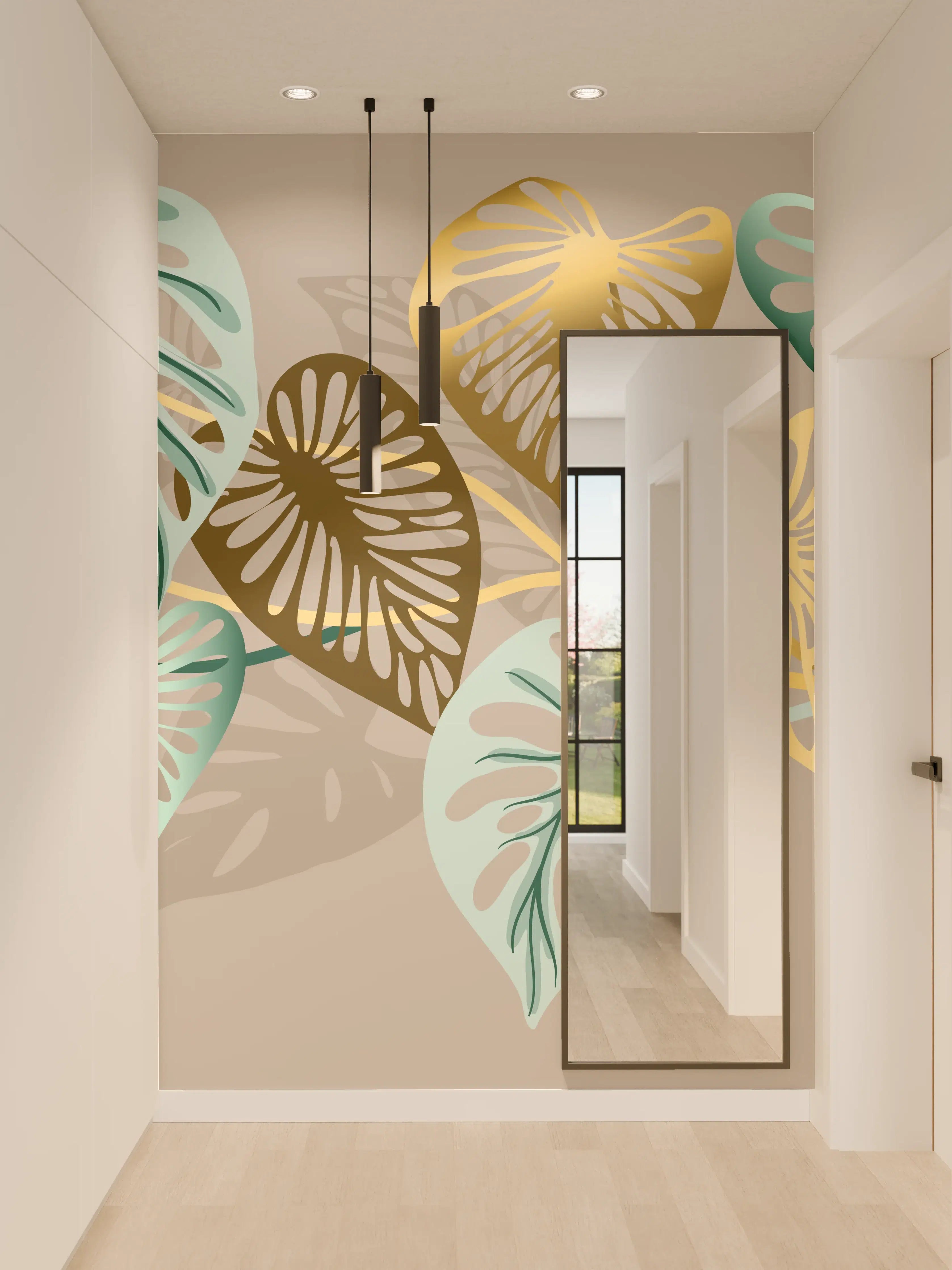Wandverkleidung Flur - Gold-Beige Blätter-Muster-Dekor