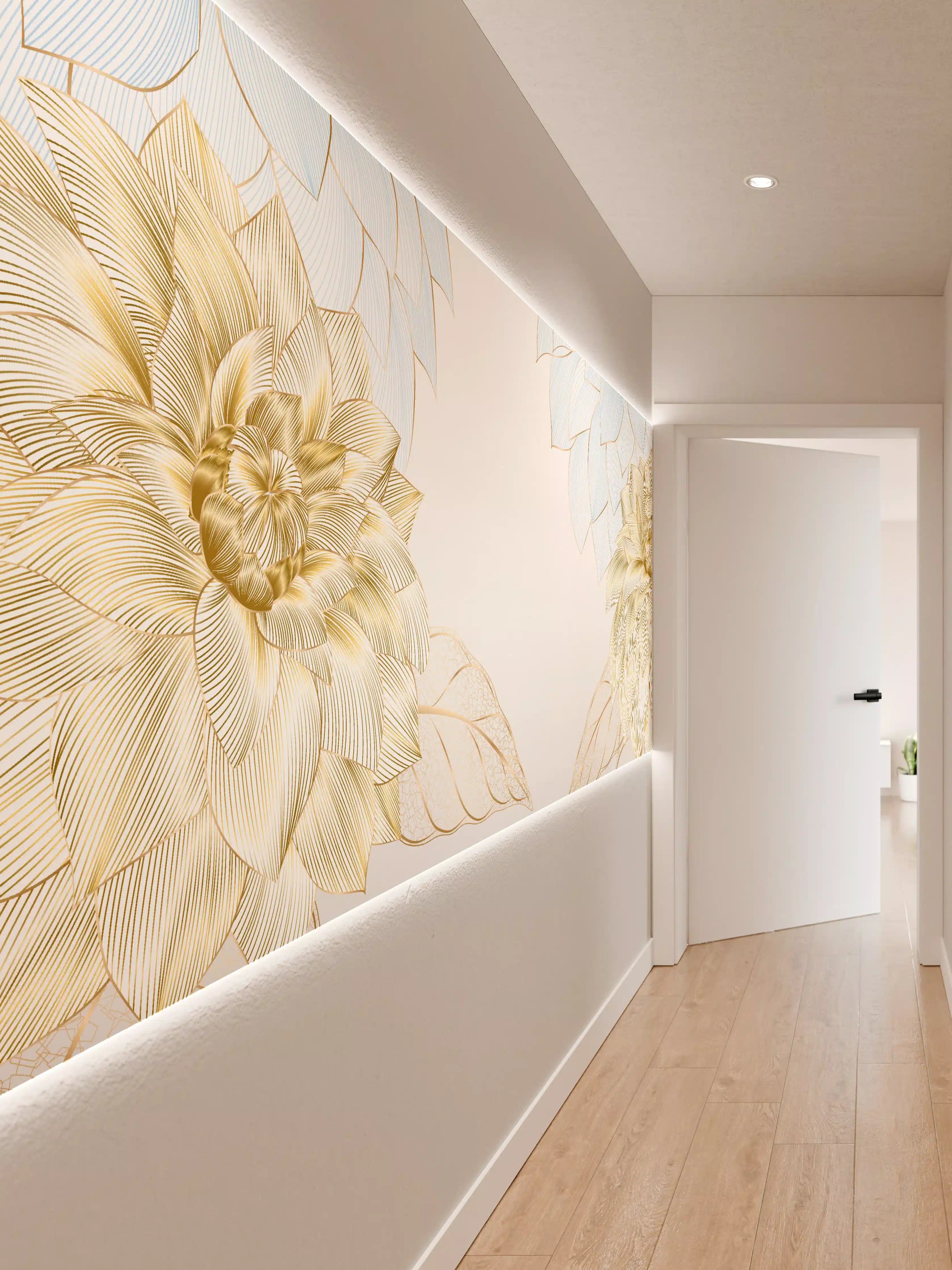 Wandverkleidung Flur - Gold-Weiß Floral Design