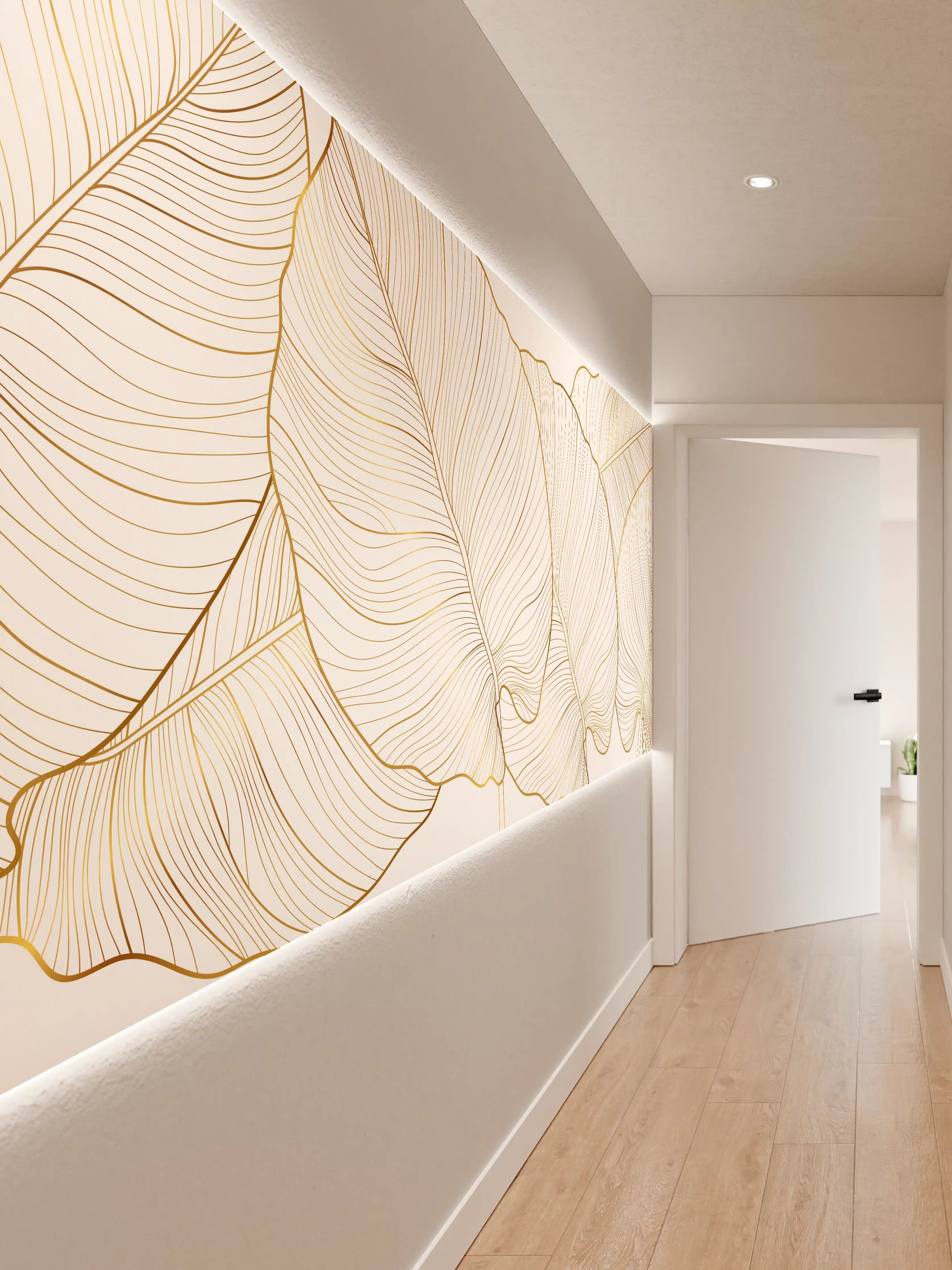 Wandverkleidung Flur - Goldene Blattstruktur auf Weiß