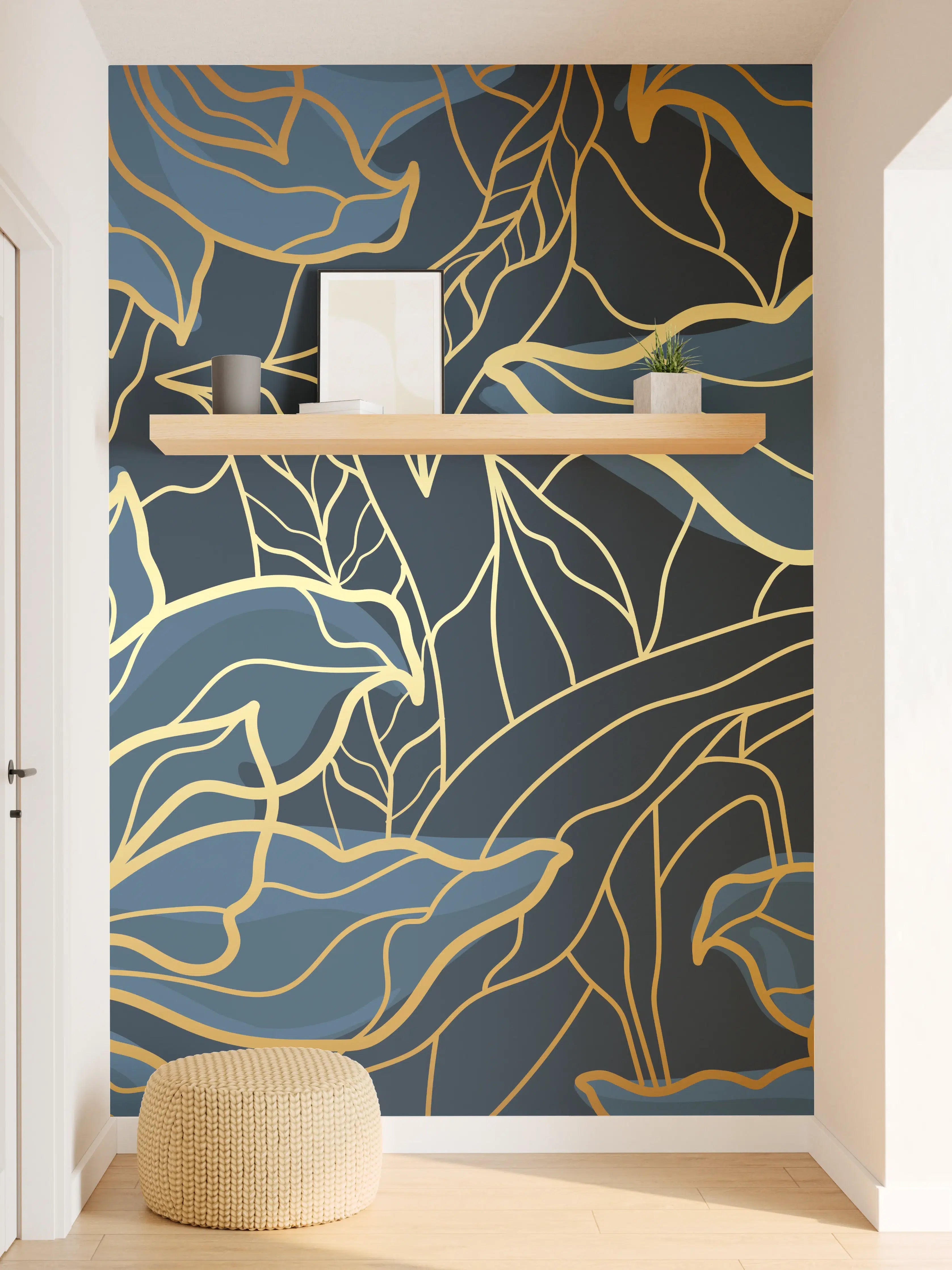 Wandverkleidung Flur - Goldene Blumenranken auf Dunkelblau