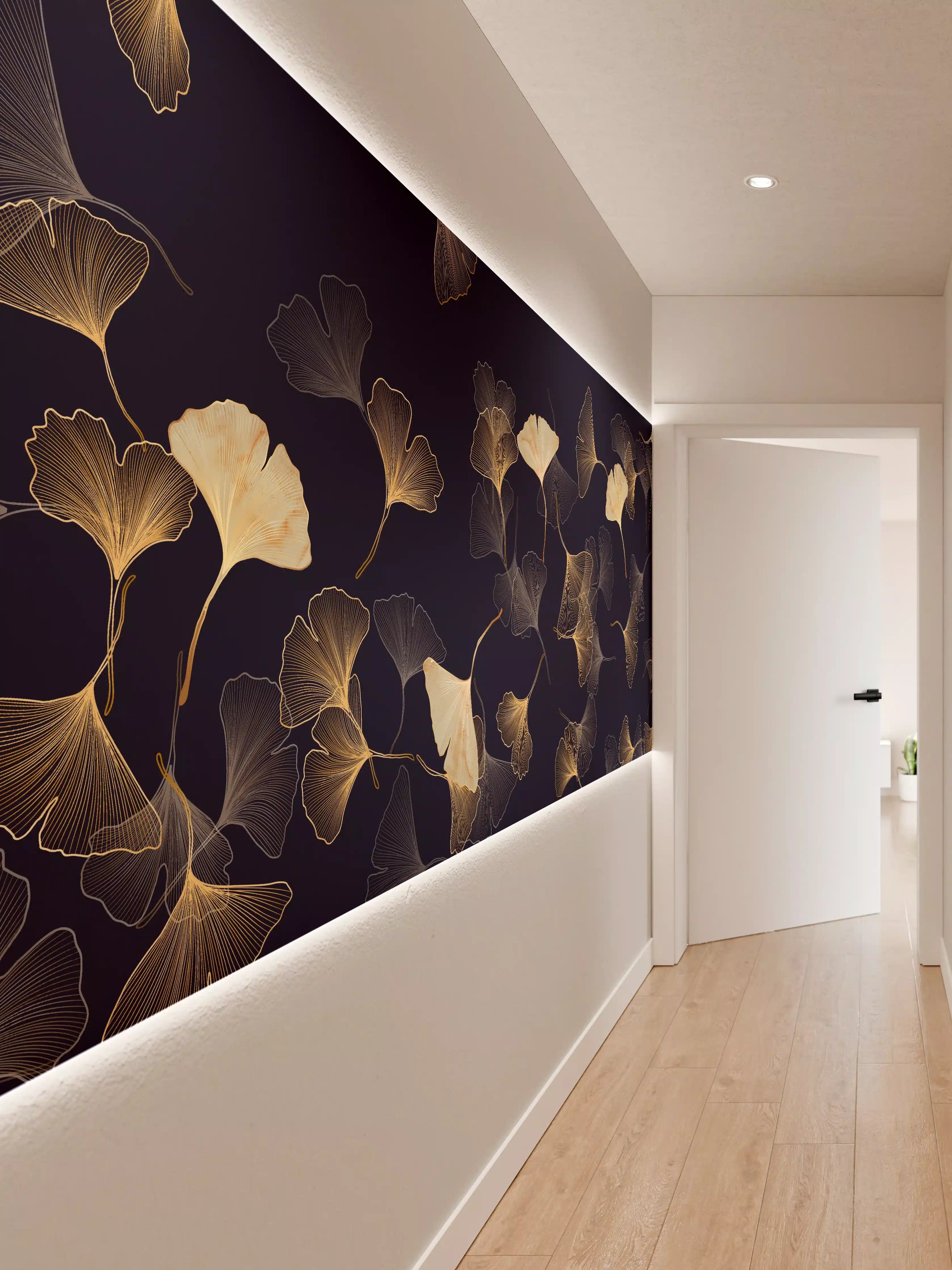Wandverkleidung Flur - Goldene Ginkgo Blatt Design Tapete