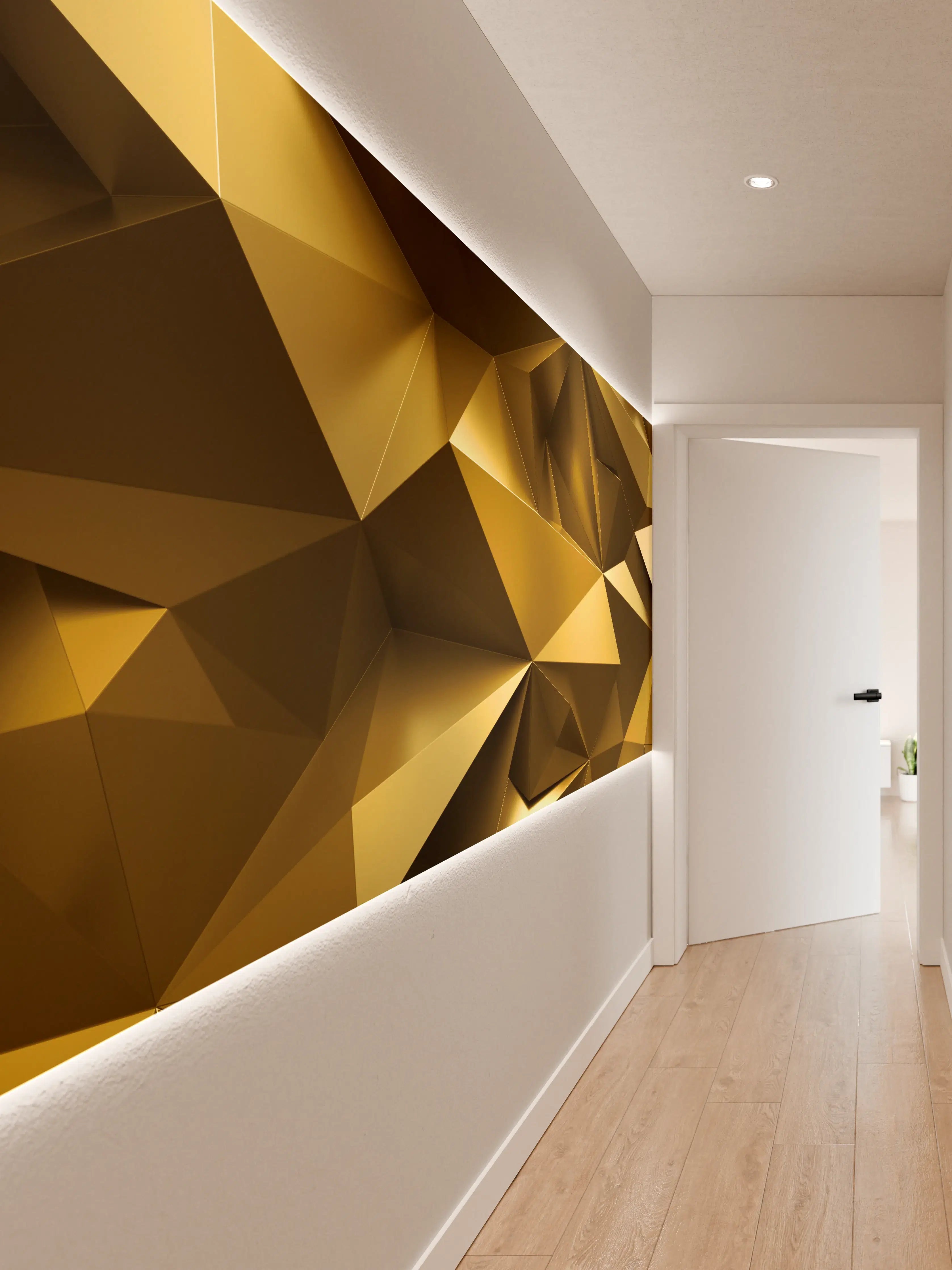 Wandverkleidung Flur - Goldene Kristall Polygon Tapete