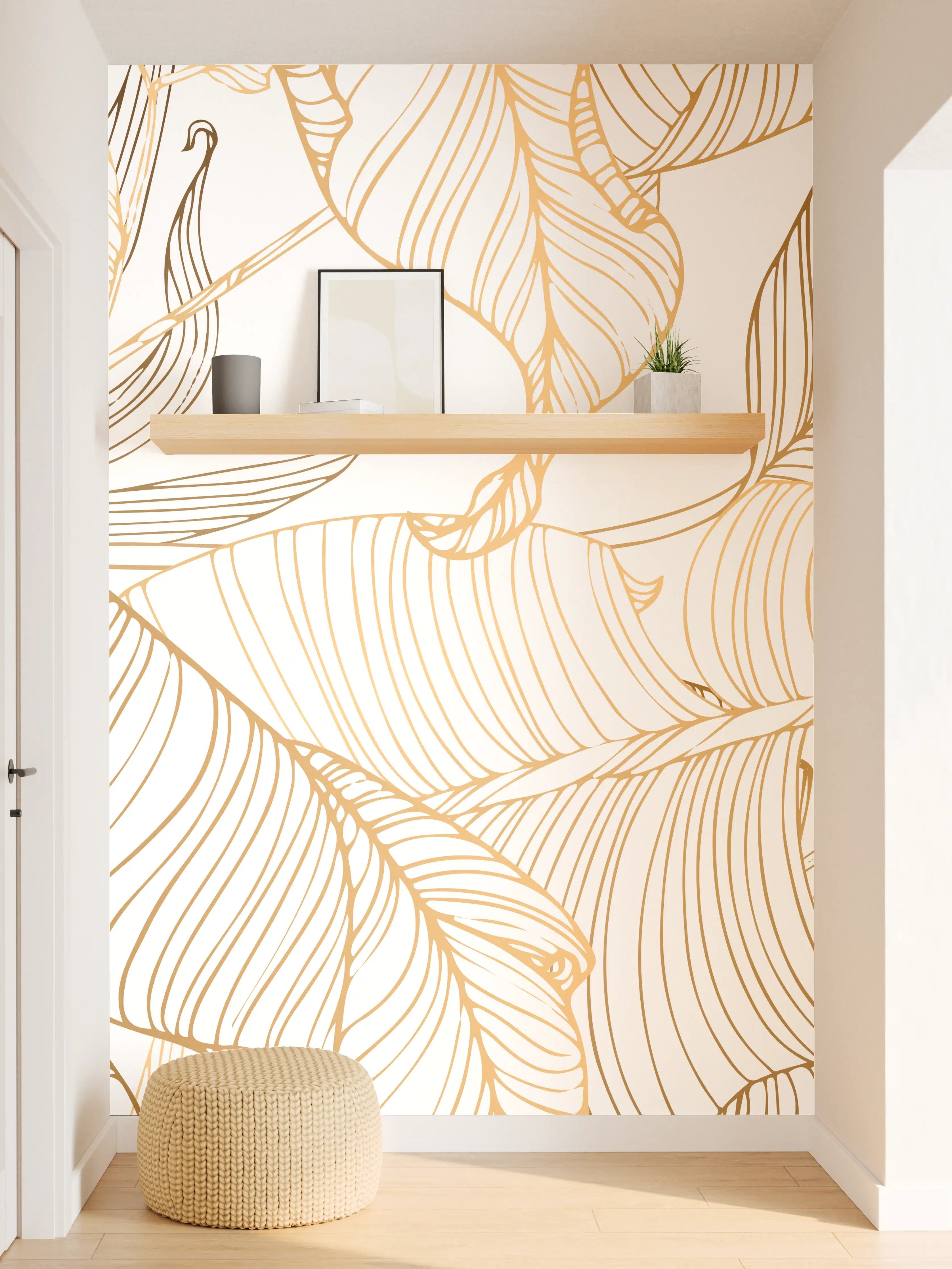 Wandverkleidung Flur - Goldene Lineart Blattmuster Kunst