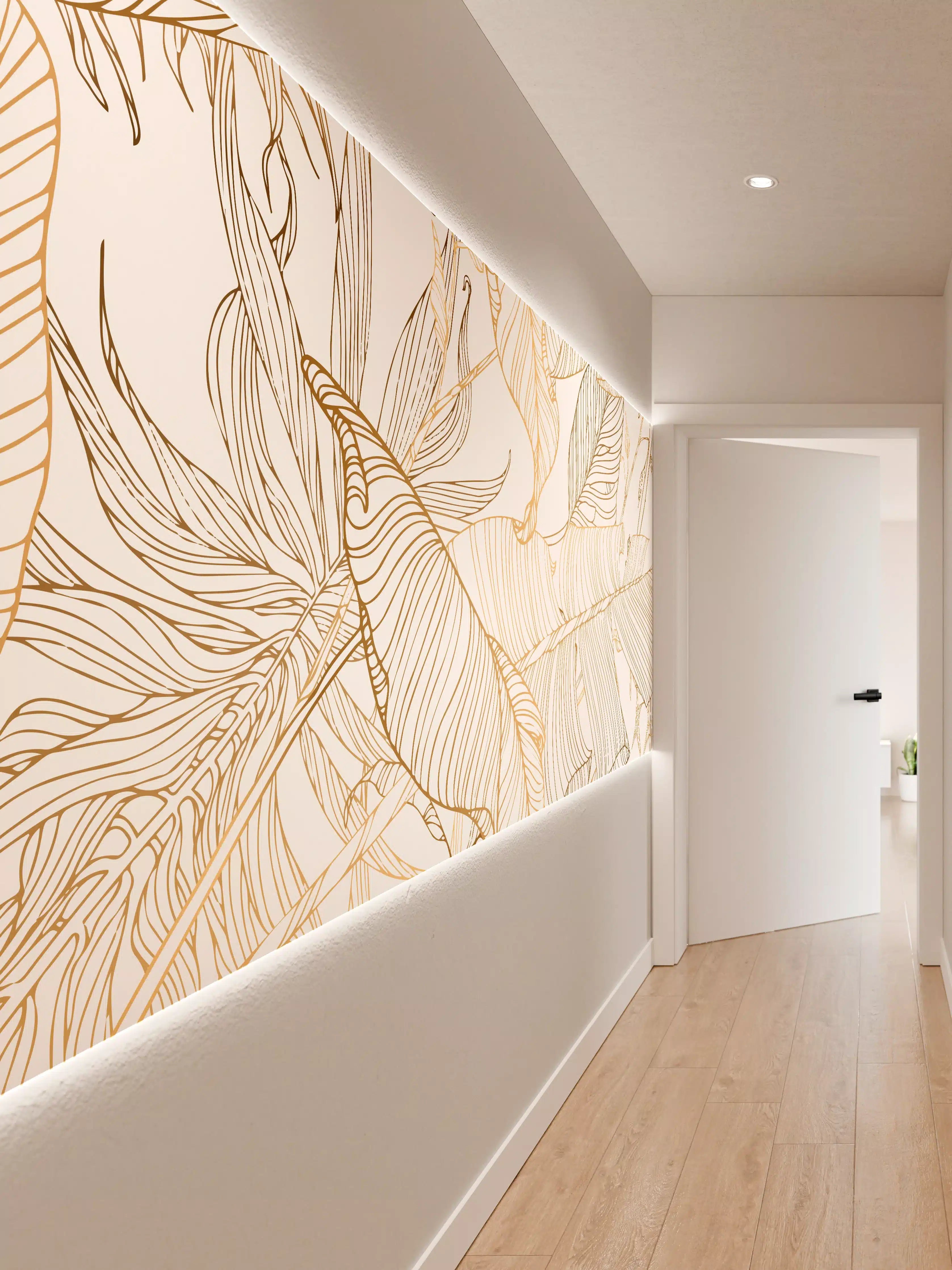 Wandverkleidung Flur - Goldene Lineart Blattmuster Kunst