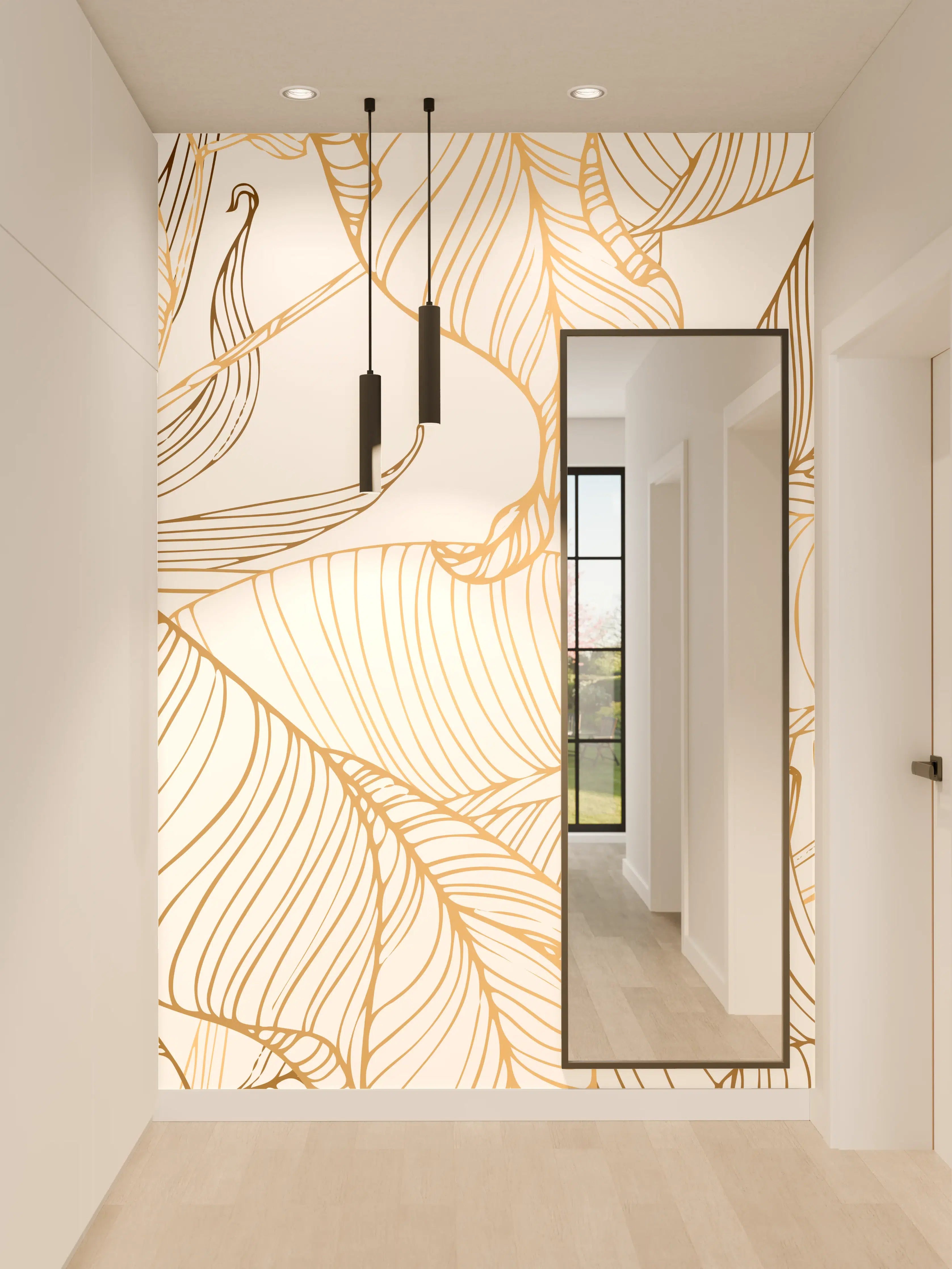 Wandverkleidung Flur - Goldene Lineart Blattmuster Kunst