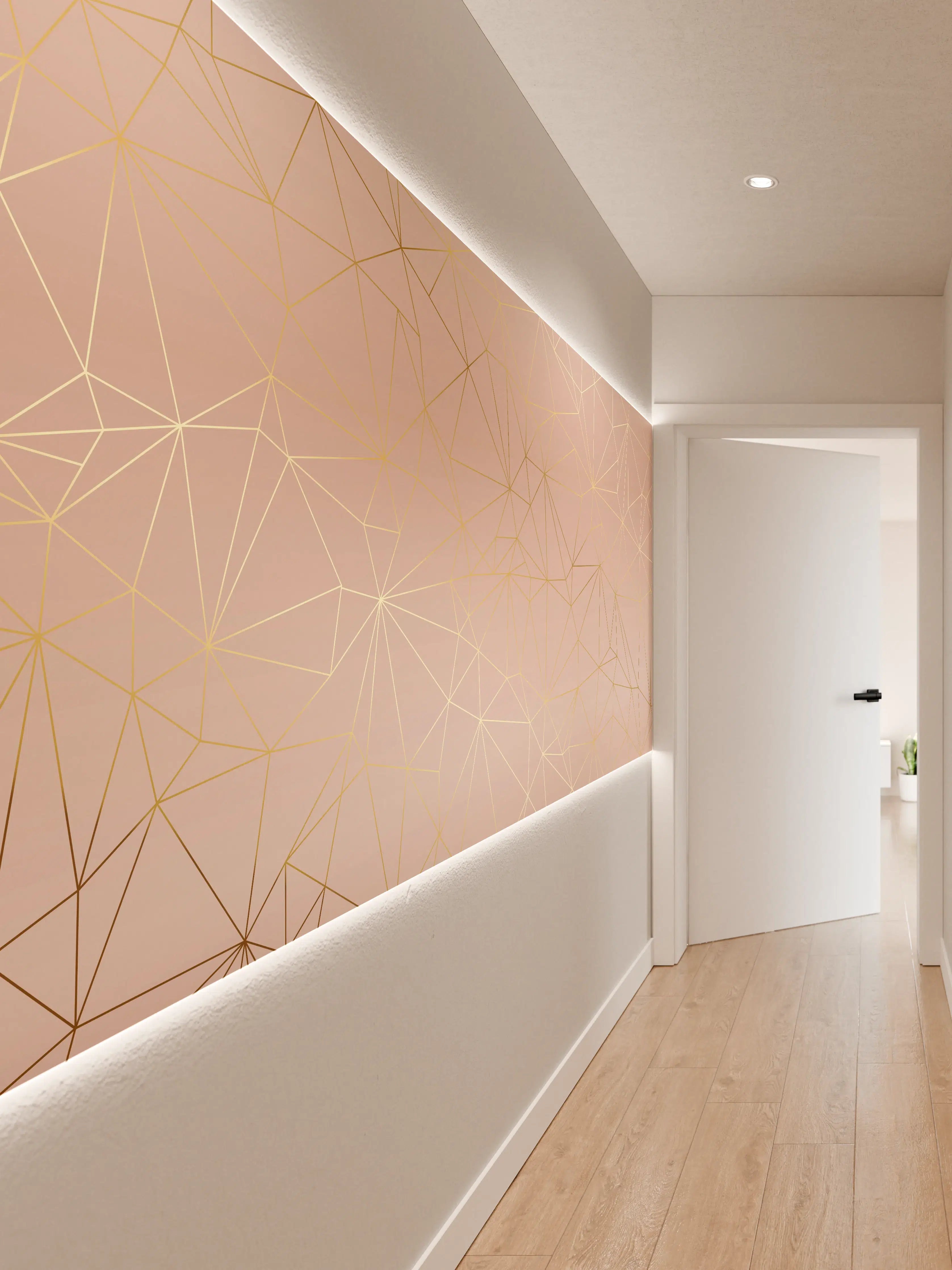 Wandverkleidung Flur - Goldene Linien auf Beige Hintergrund