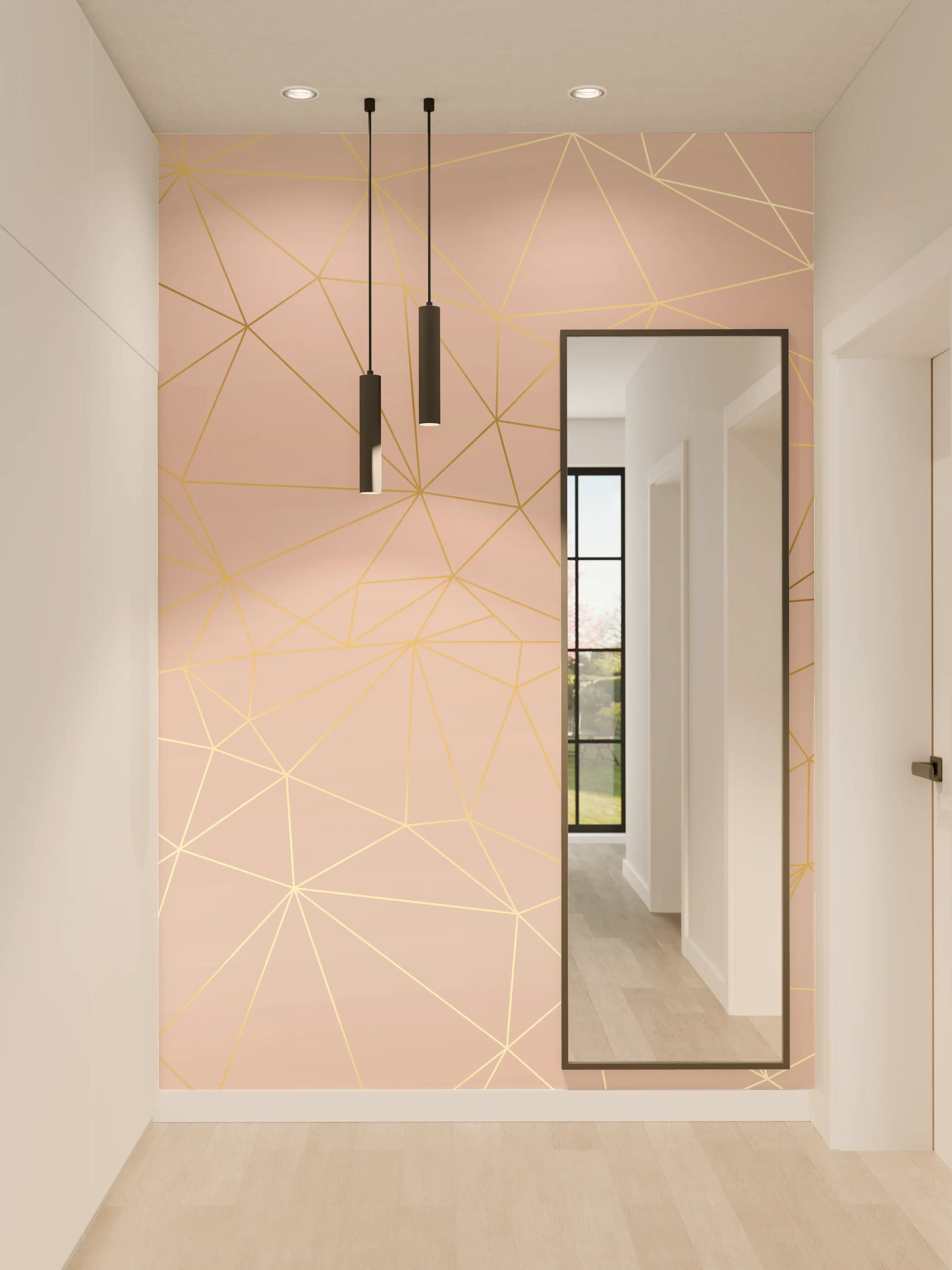 Wandverkleidung Flur - Goldene Linien auf Beige Hintergrund