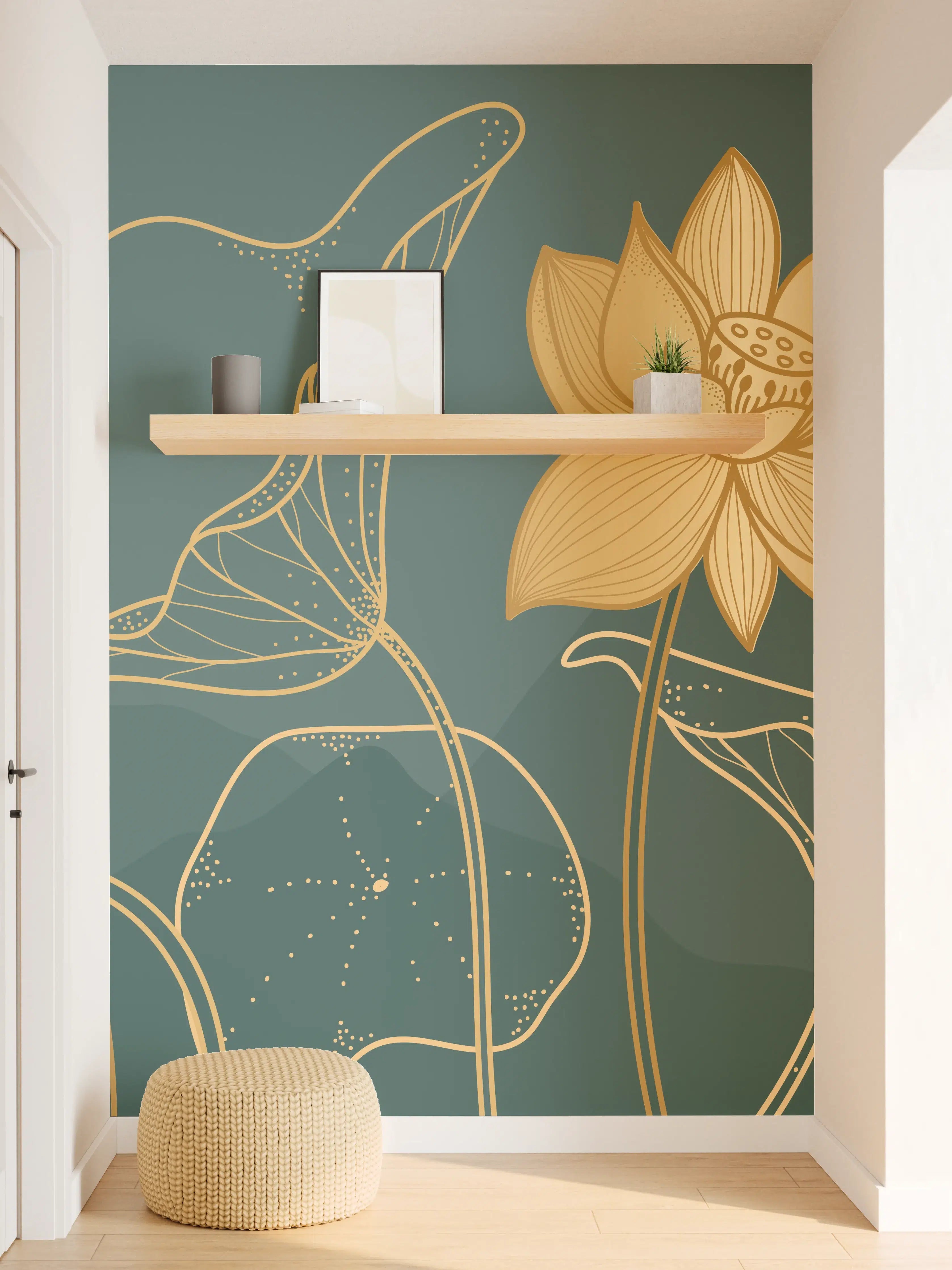 Wandverkleidung Flur - Goldene Lotus Linienzeichnung