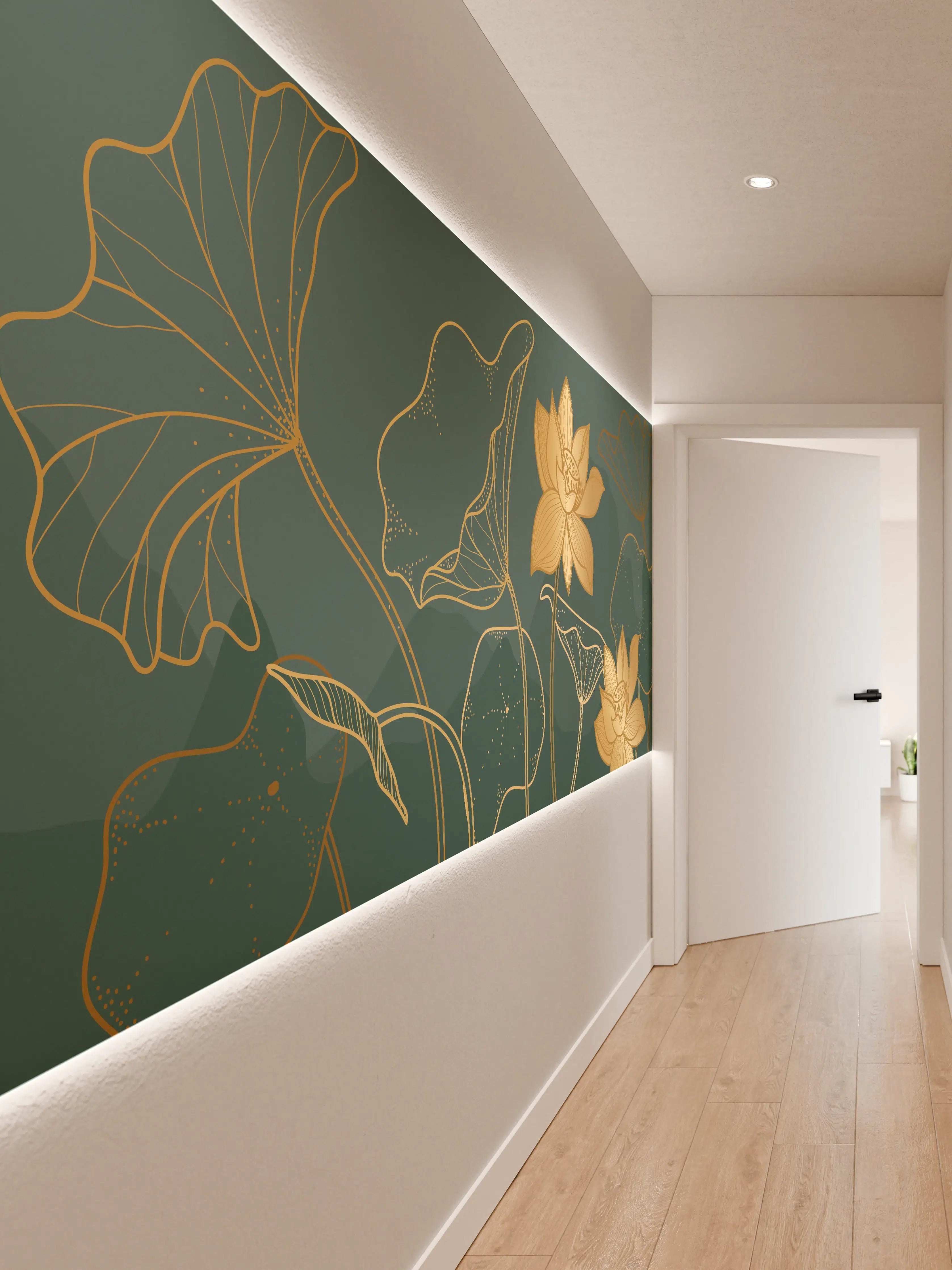 Wandverkleidung Flur - Goldene Lotus Linienzeichnung