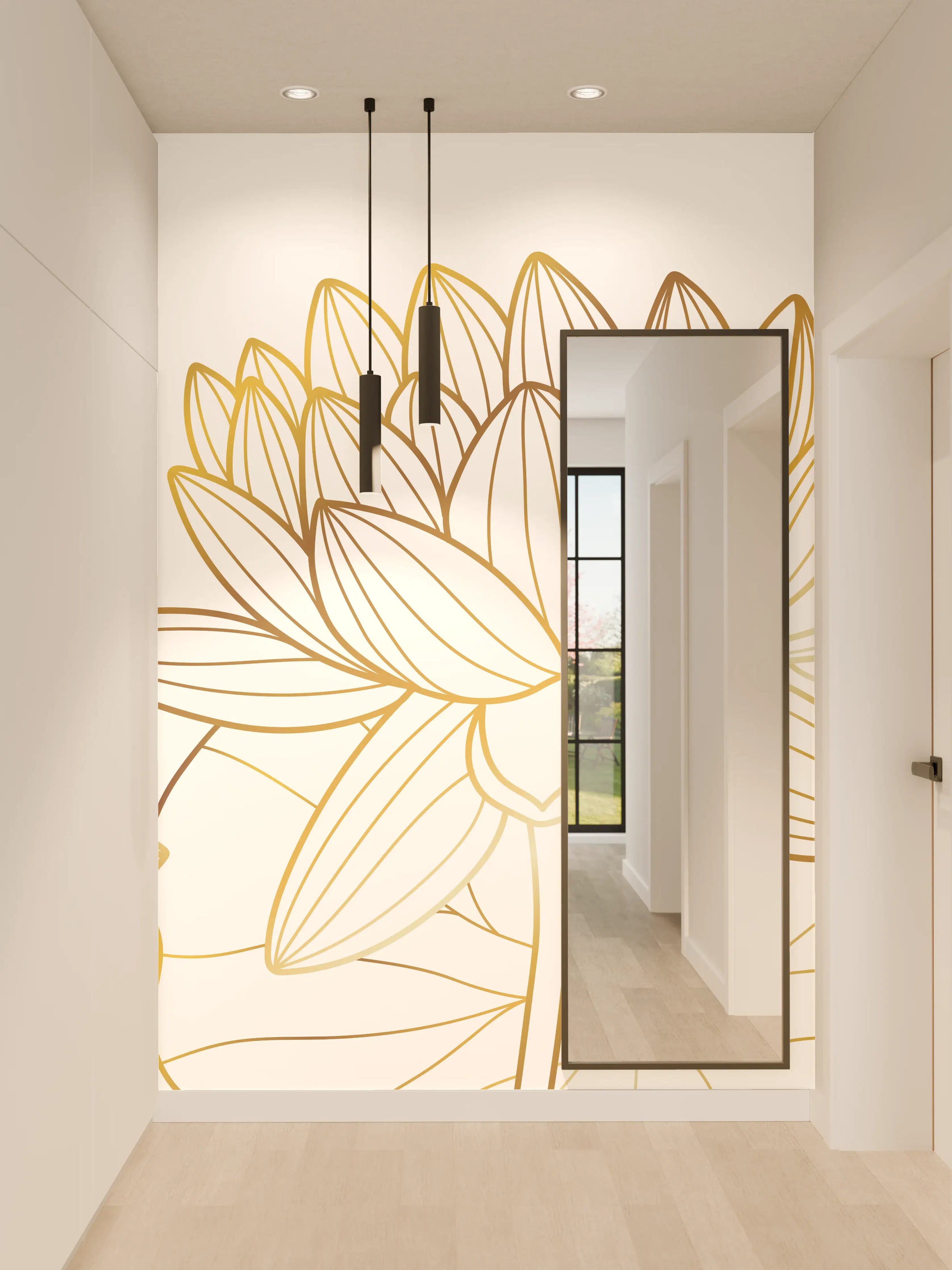 Wandverkleidung Flur - Goldene Lotusblüte Zeichnung
