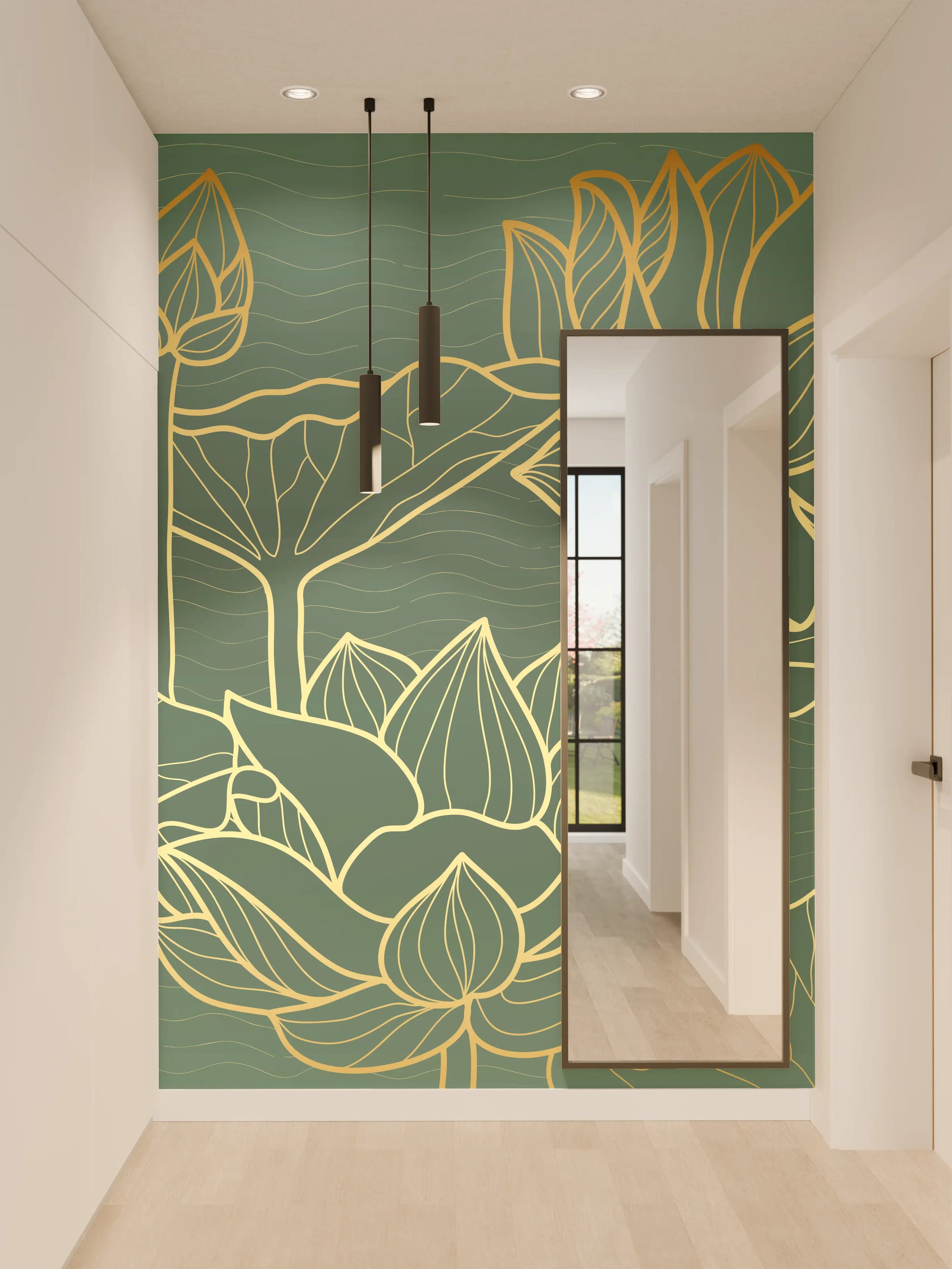 Wandverkleidung Flur - Goldene Lotusblumen Kunstwerk