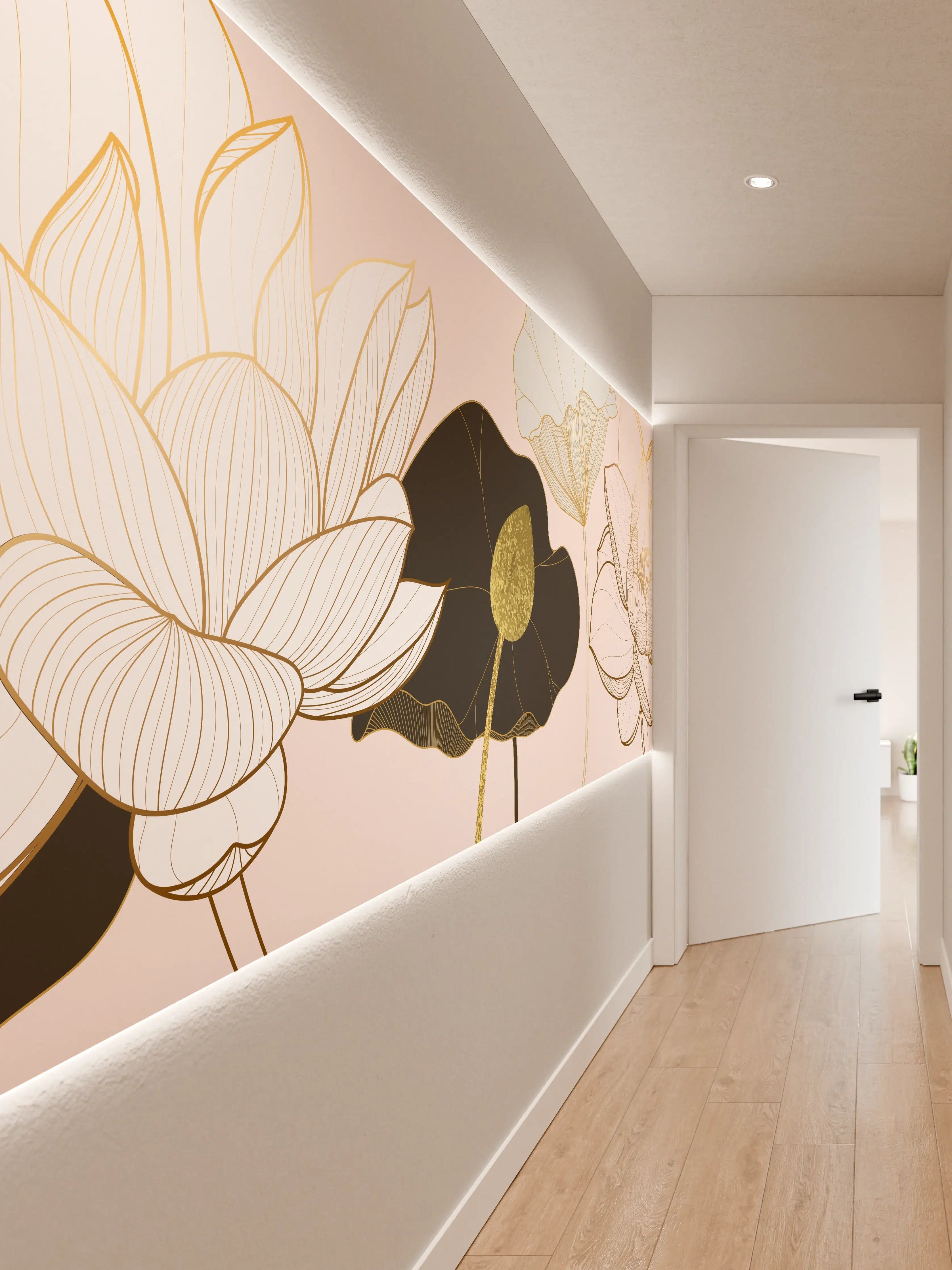 Wandverkleidung Flur - Goldene Lotusblumen auf Schwarz
