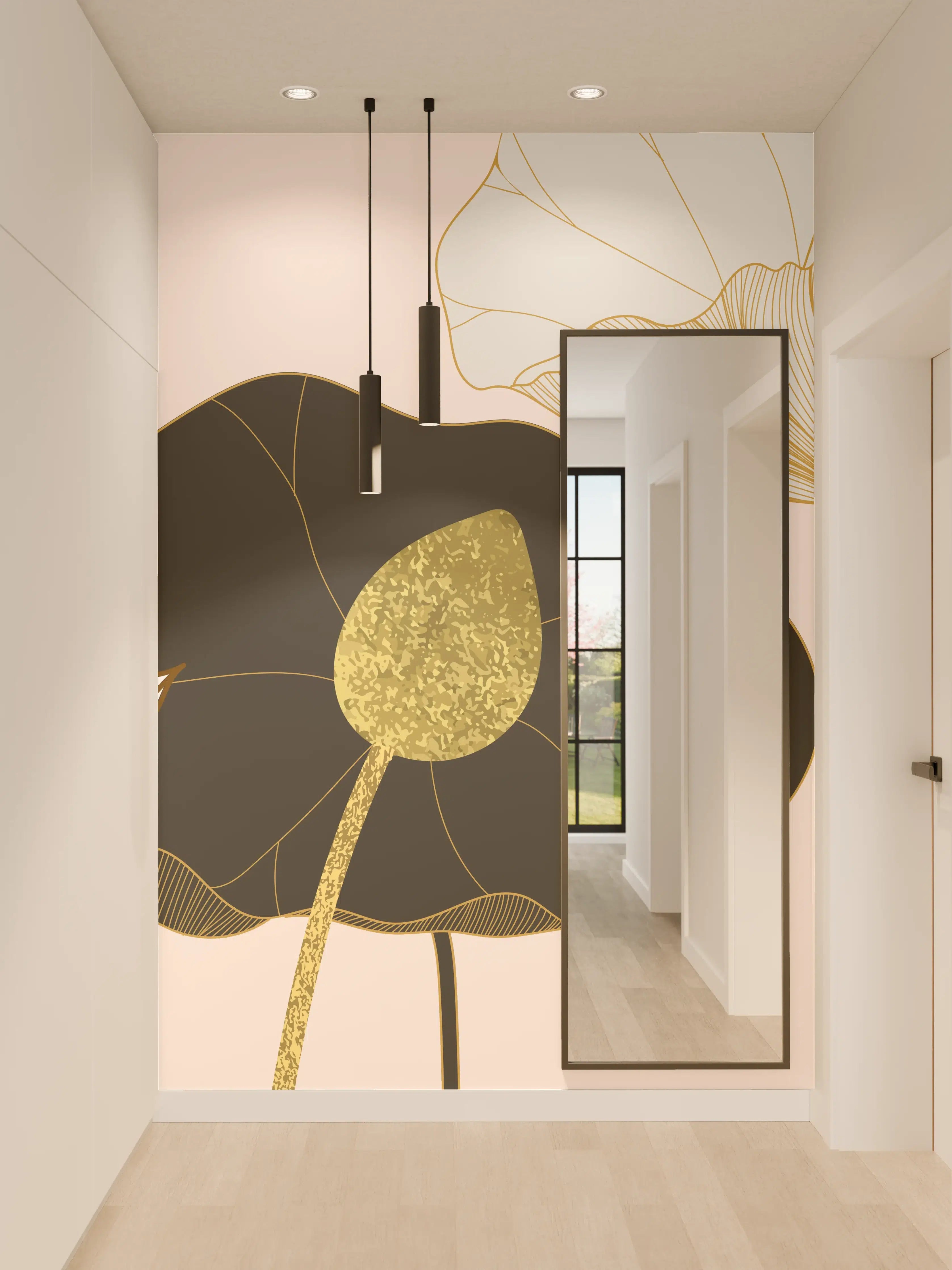 Wandverkleidung Flur - Goldene Lotusblumen auf Schwarz