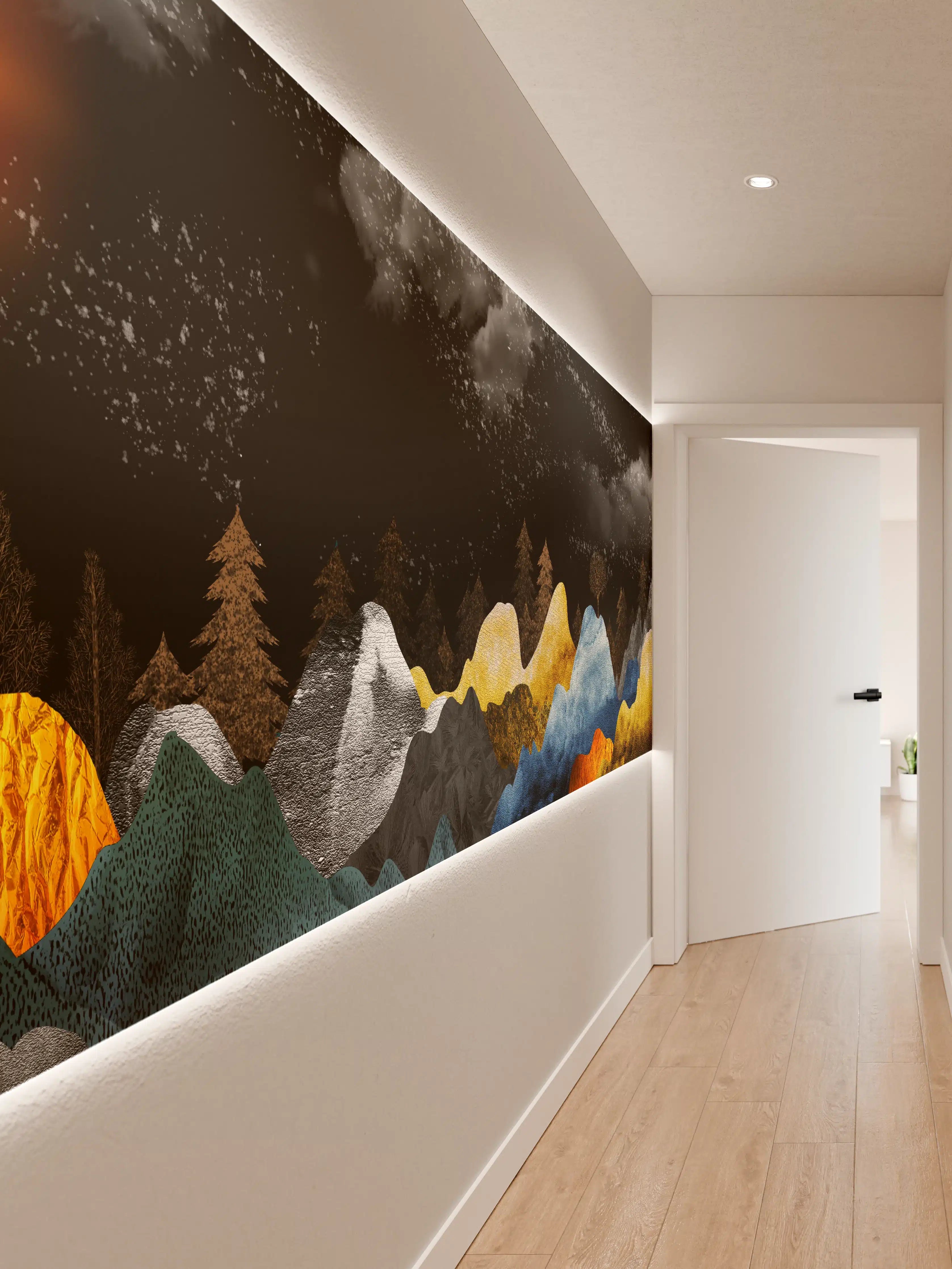 Wandverkleidung Flur - Goldene Winterberge Wandtapete