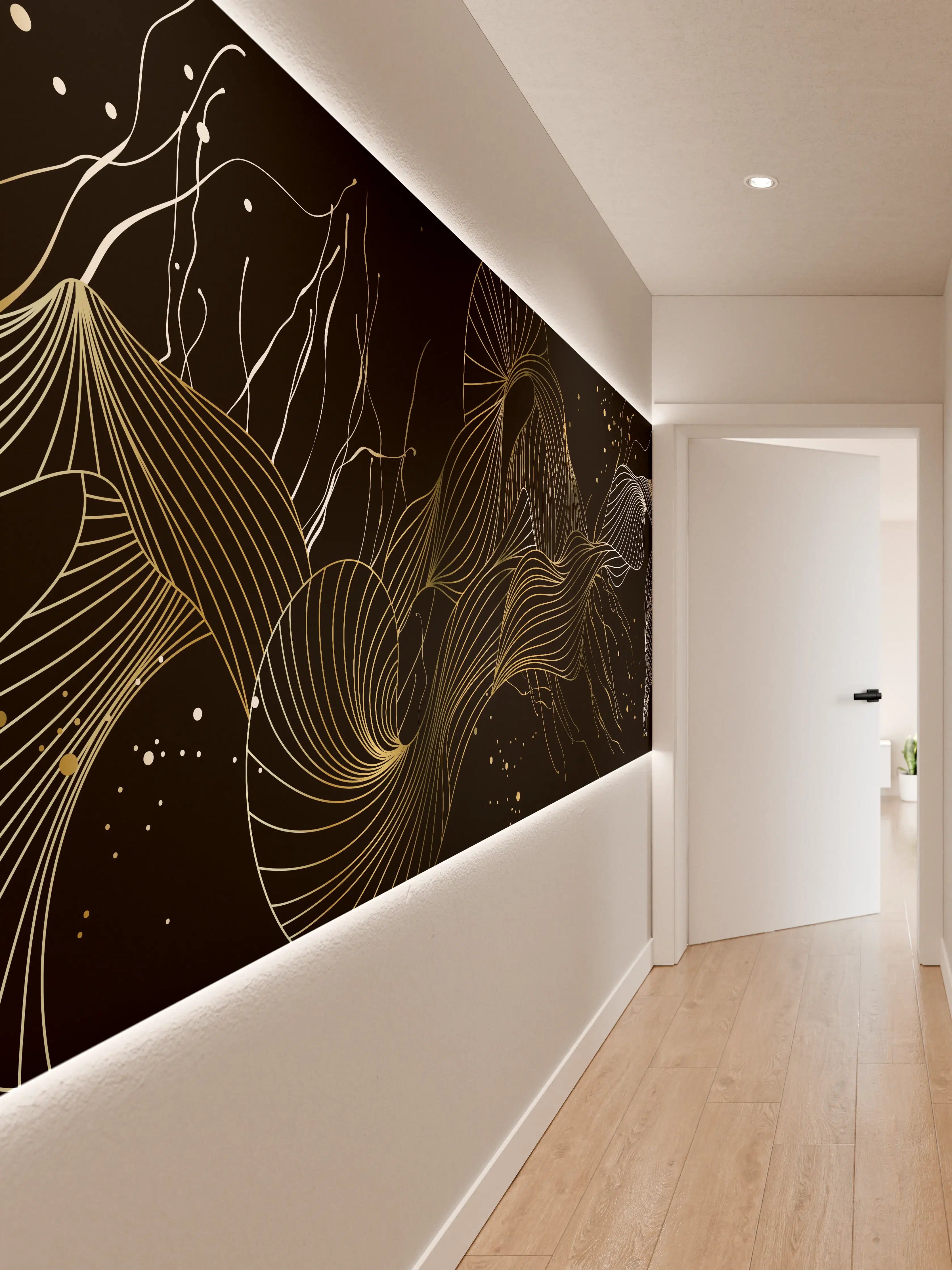 Wandverkleidung Flur - Goldenes Linienmuster auf Schwarz