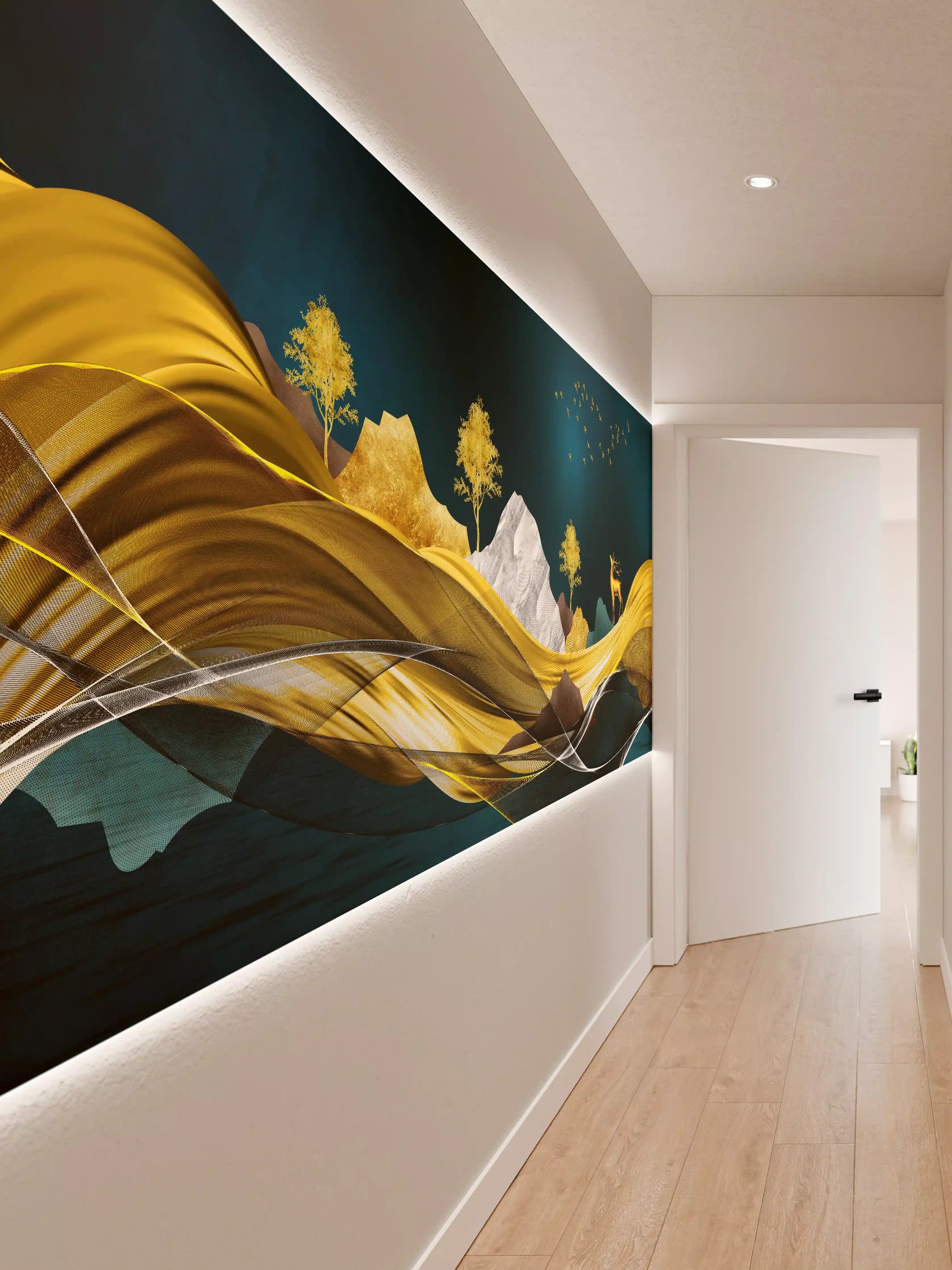 Wandverkleidung Flur - Goldenes Wellendesign - 3D 