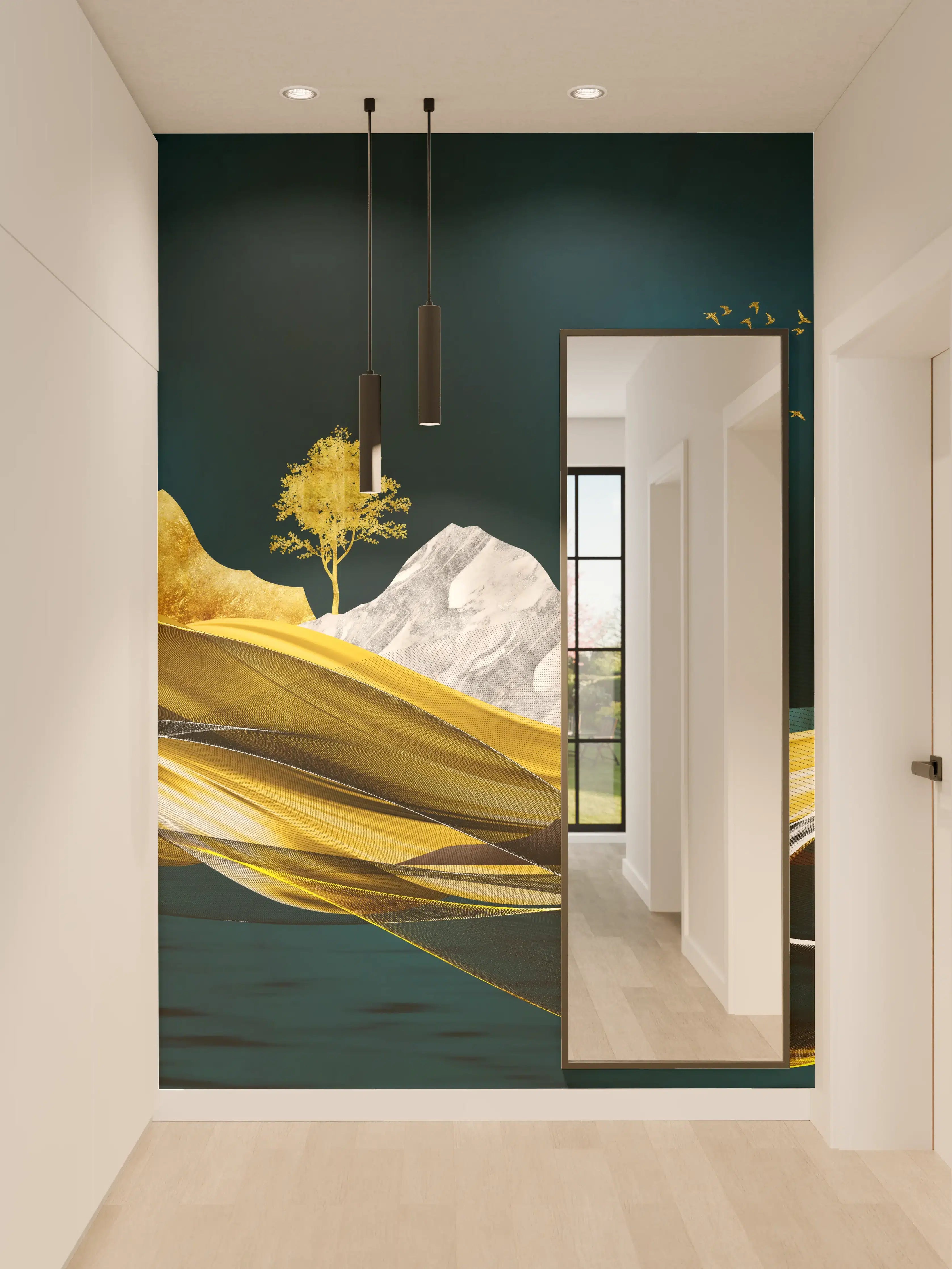 Wandverkleidung Flur - Goldenes Wellendesign - 3D 