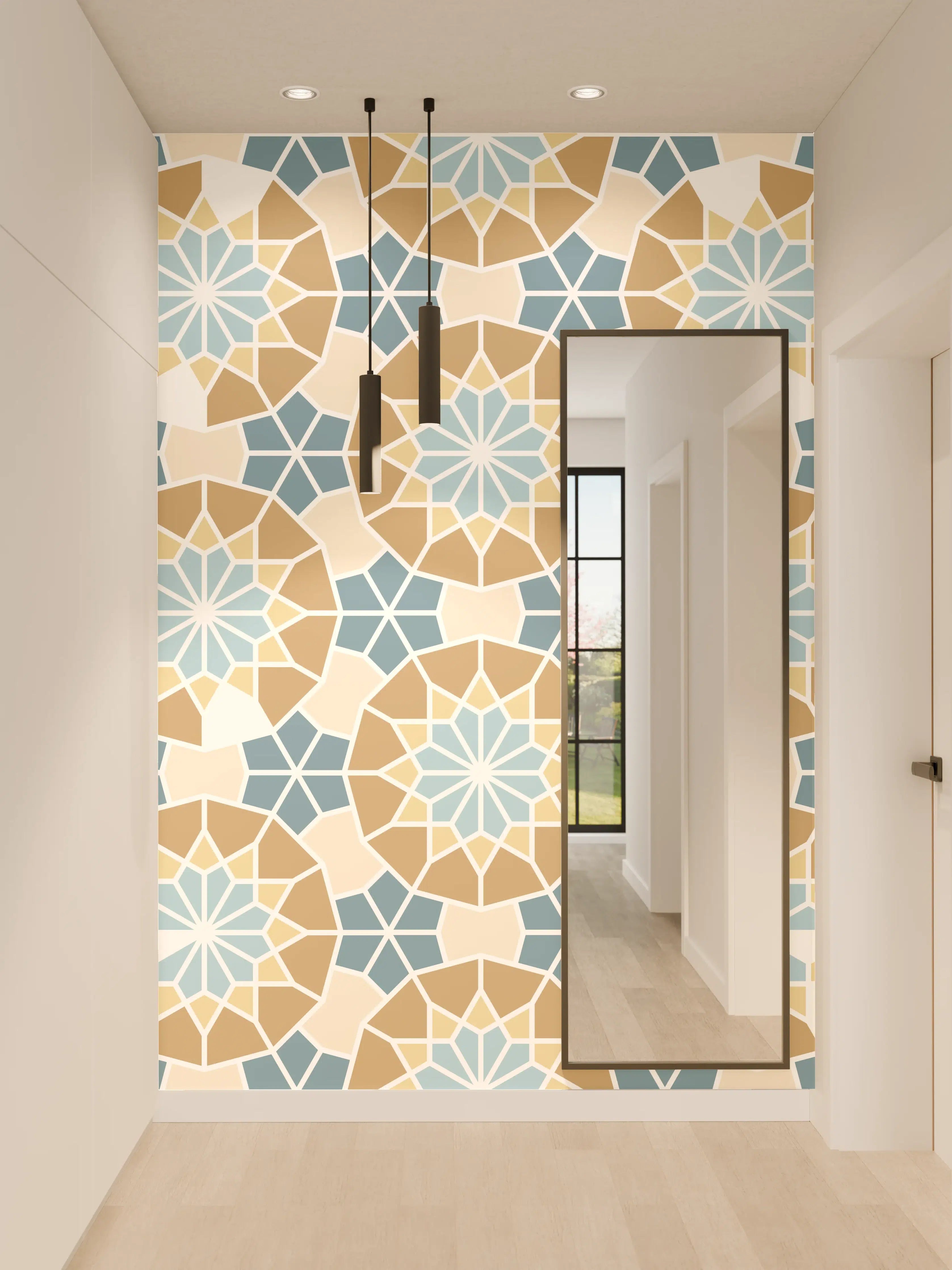 Wandverkleidung Flur - Grafisches Blau Beige Muster