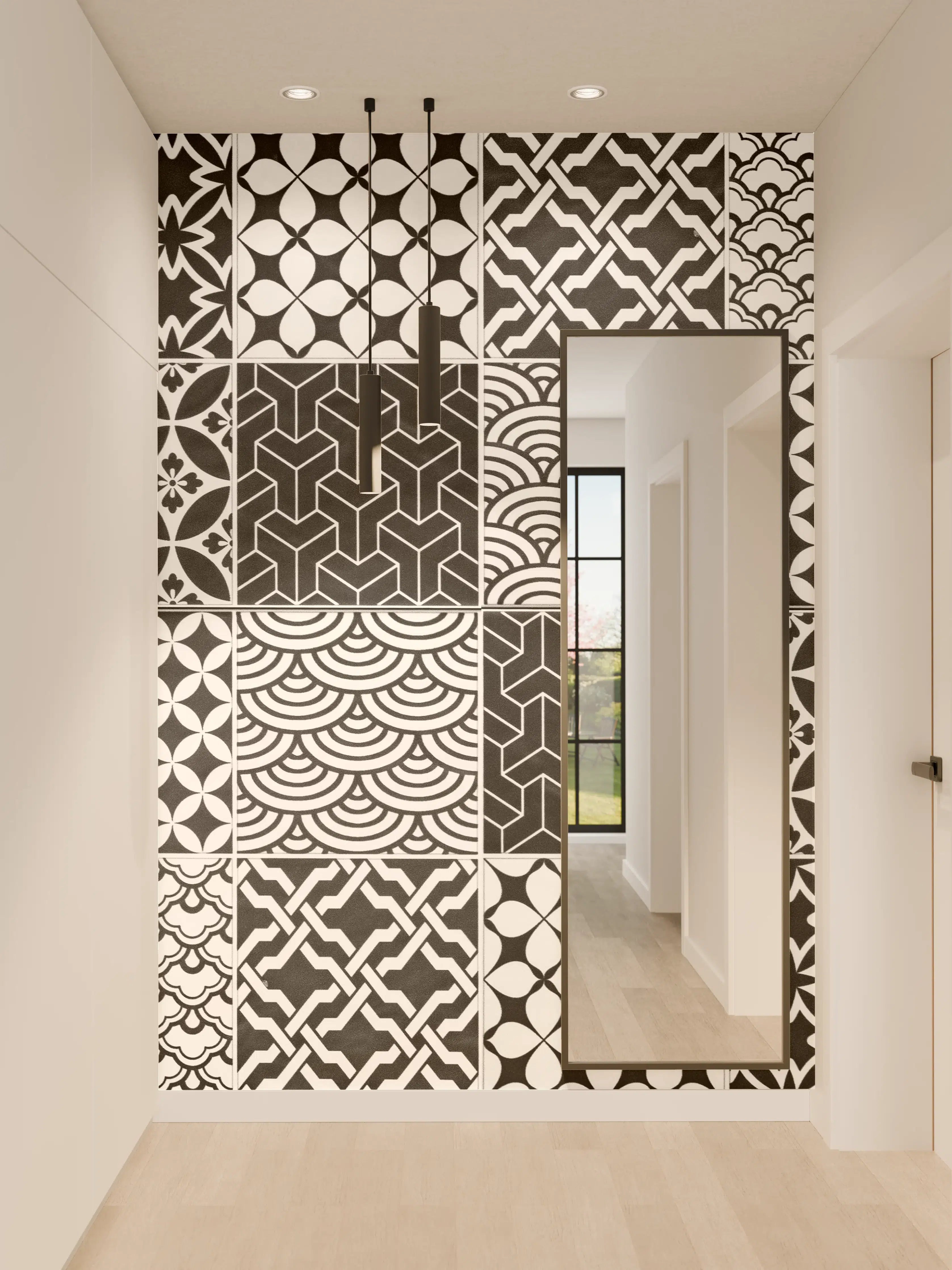 Wandverkleidung Flur - Grau-Weiß geometrisch Mosaik